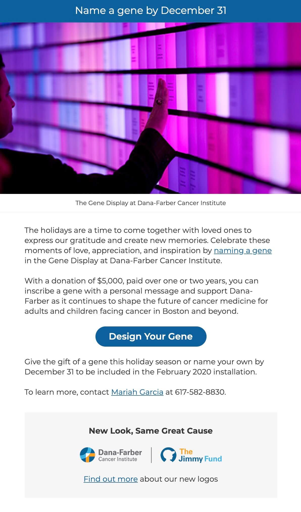 email advertising the Gene Display naming opportunity at Dana-Farber