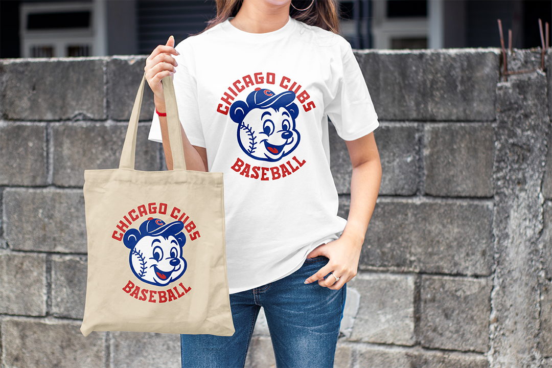 vintage mascot logo t-shirt and bag for chicago cubs baseball