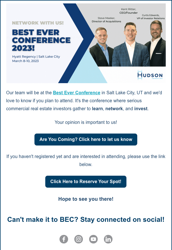 Hudson Investing - Best Ever Conference Email Announcement