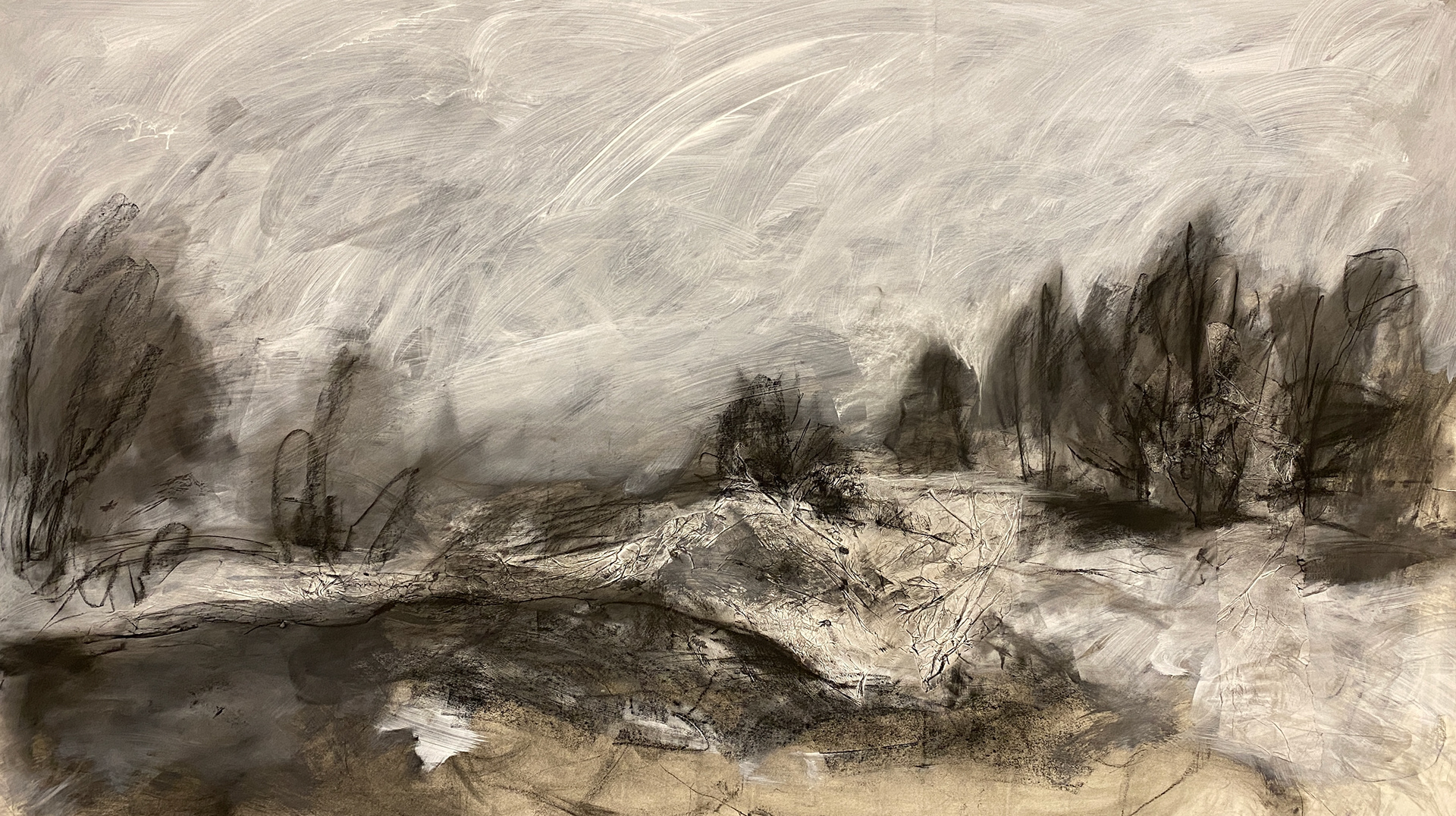 2022, Charcoal and gesso on Stonehenge, 48X100"