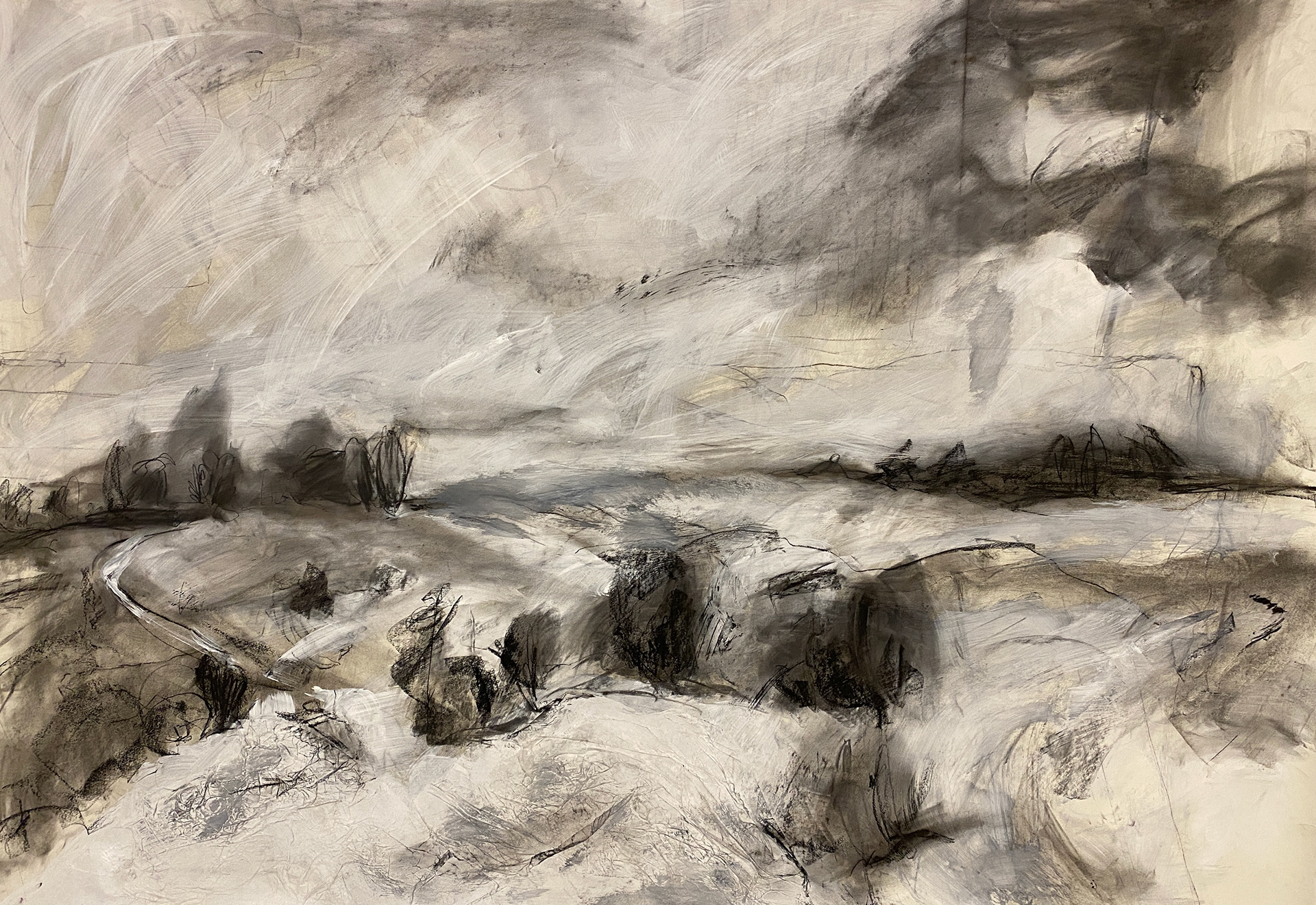 2022, Charcoal and gesso on Stonehenge, 48X72"