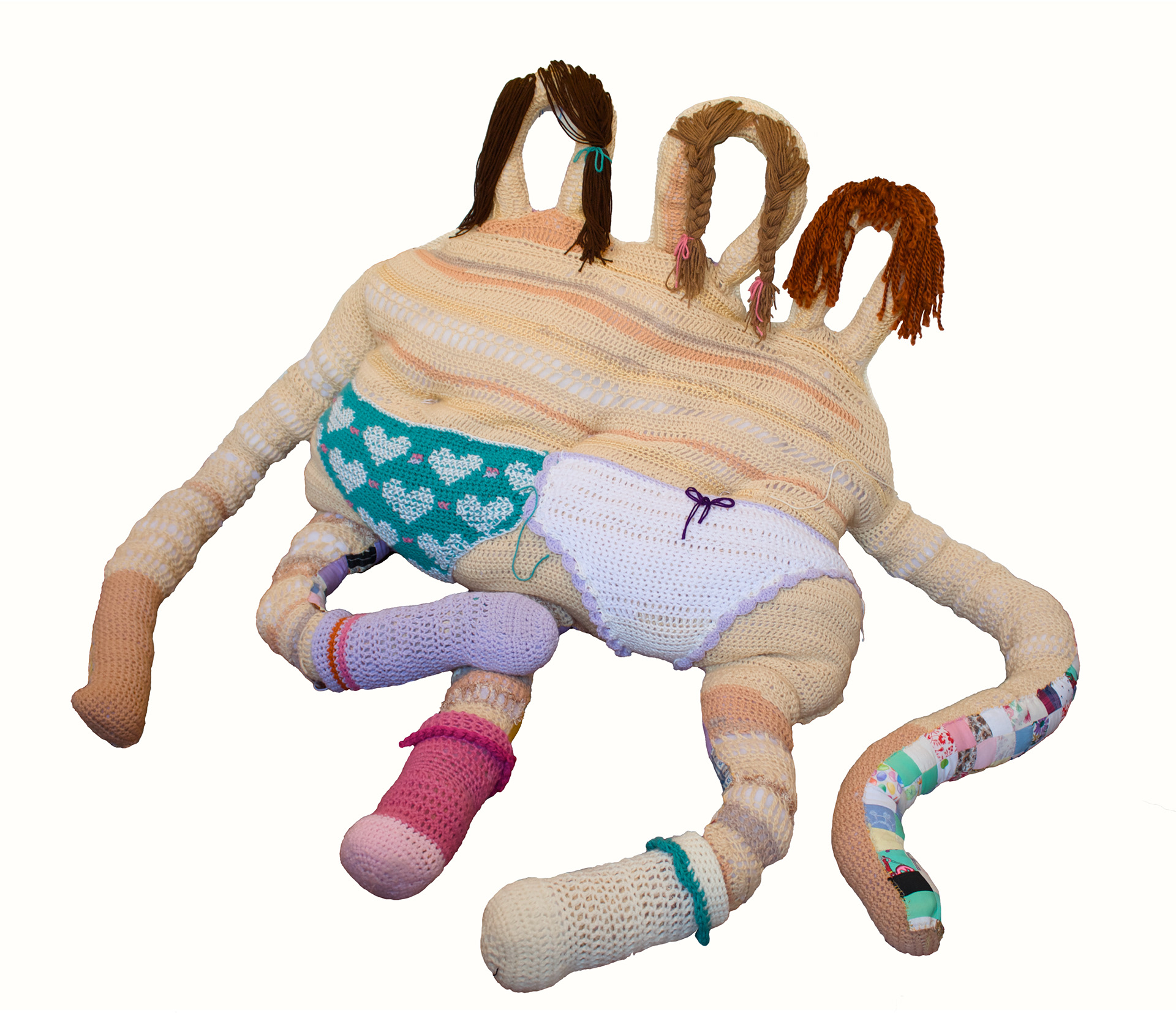 The girls, unit of three, yarn, wire, cotton stuffing, secondhand quilts, 70x85x44in