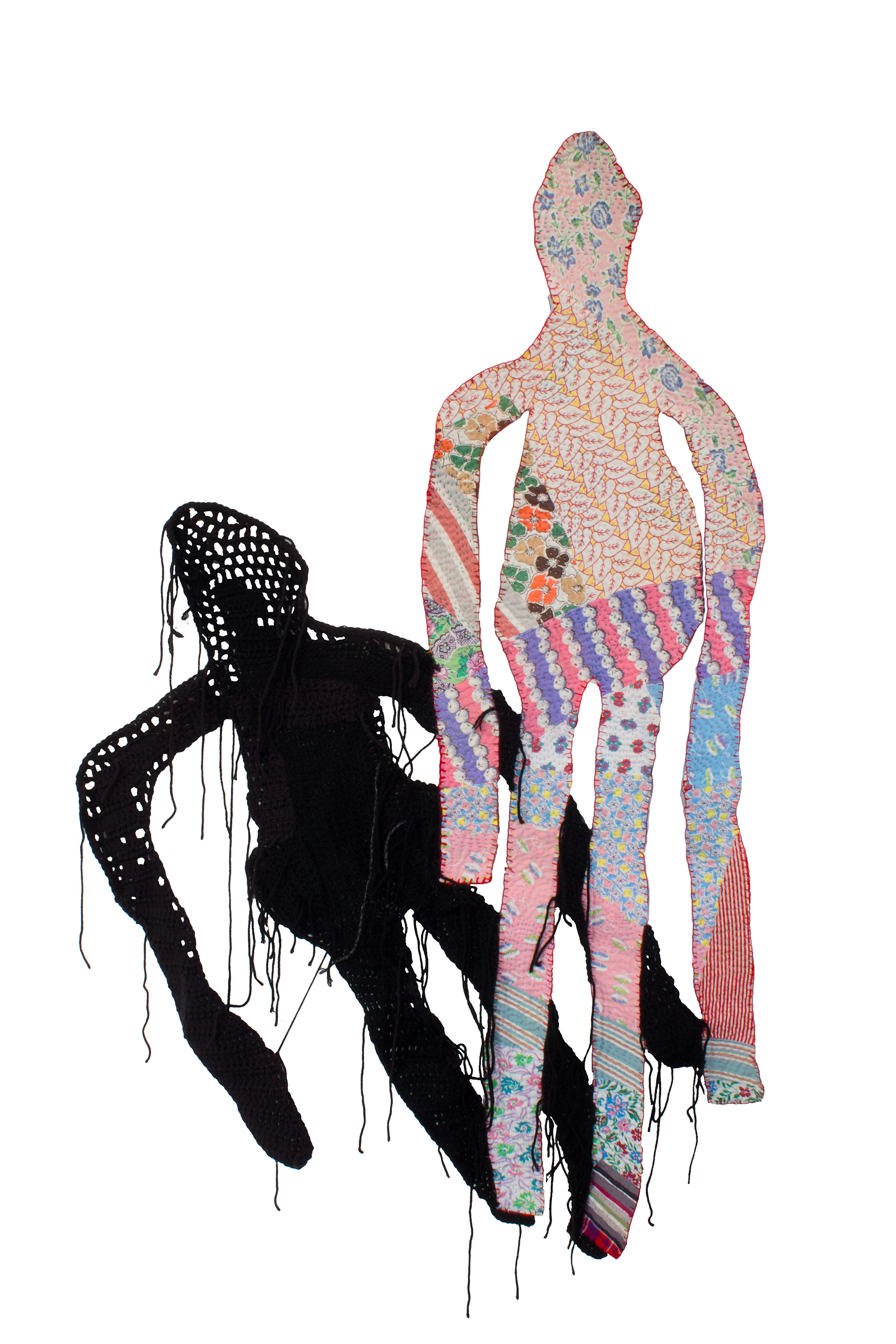 shadow girl, secondhand quilt top, batting, denim, thread, crochet and knit with yarn, wire, 55x34in