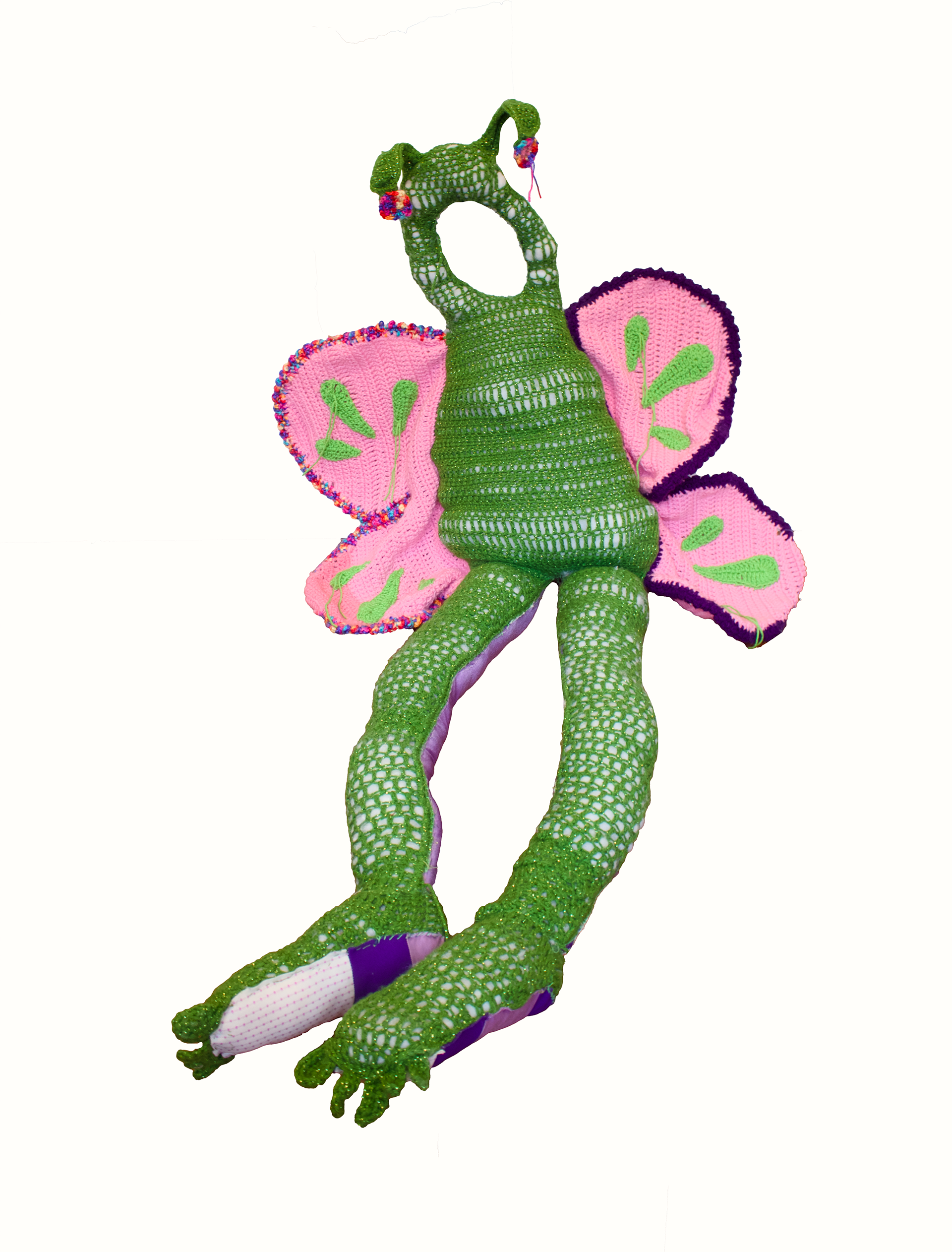 Butterfly, unit of one, crochet with yarn, wire, secondhand quilt, thread, cotton stuffing, 63x32x8in