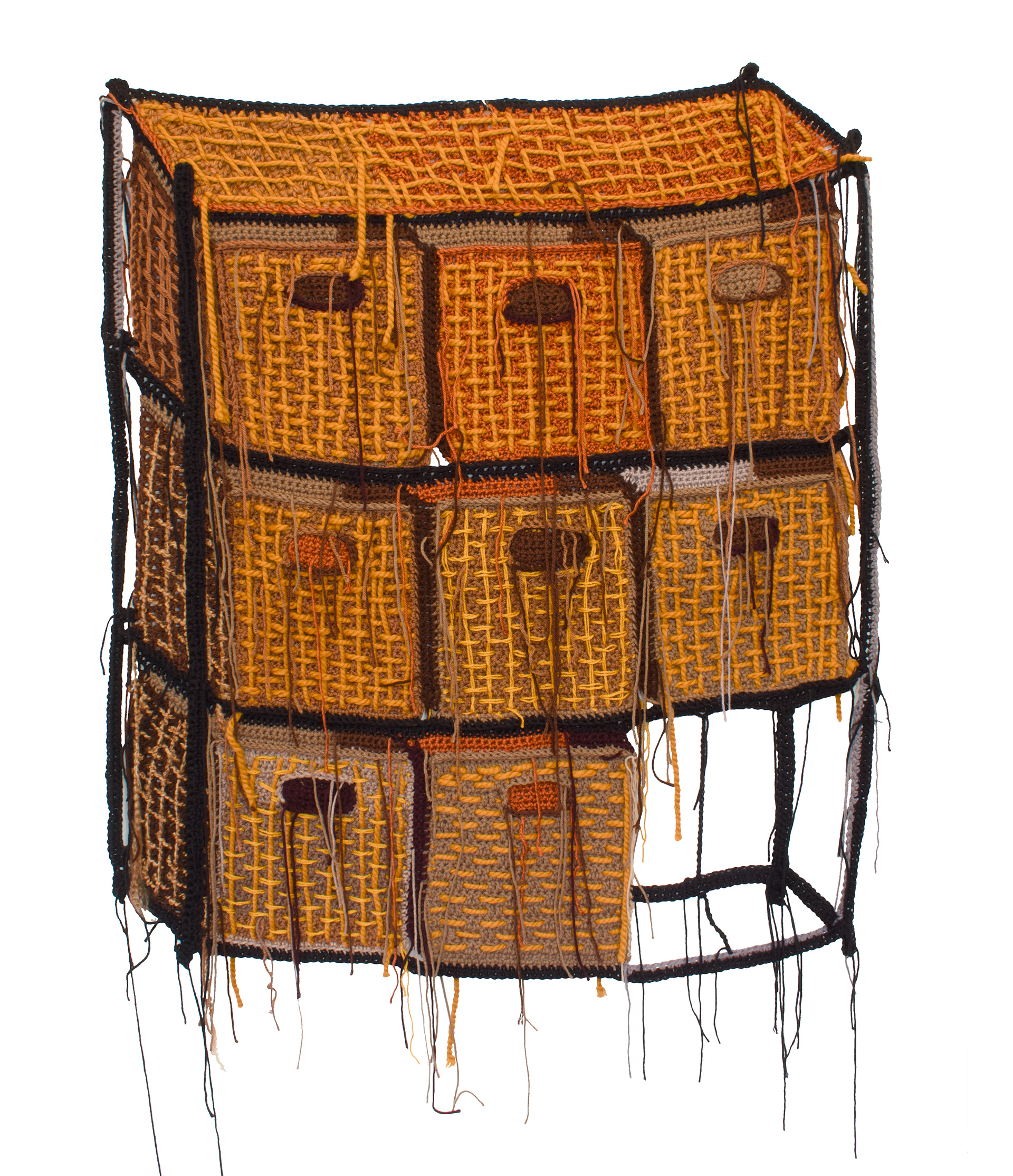 Wicker Drawers, crochet with yarn, wire, 36x45in