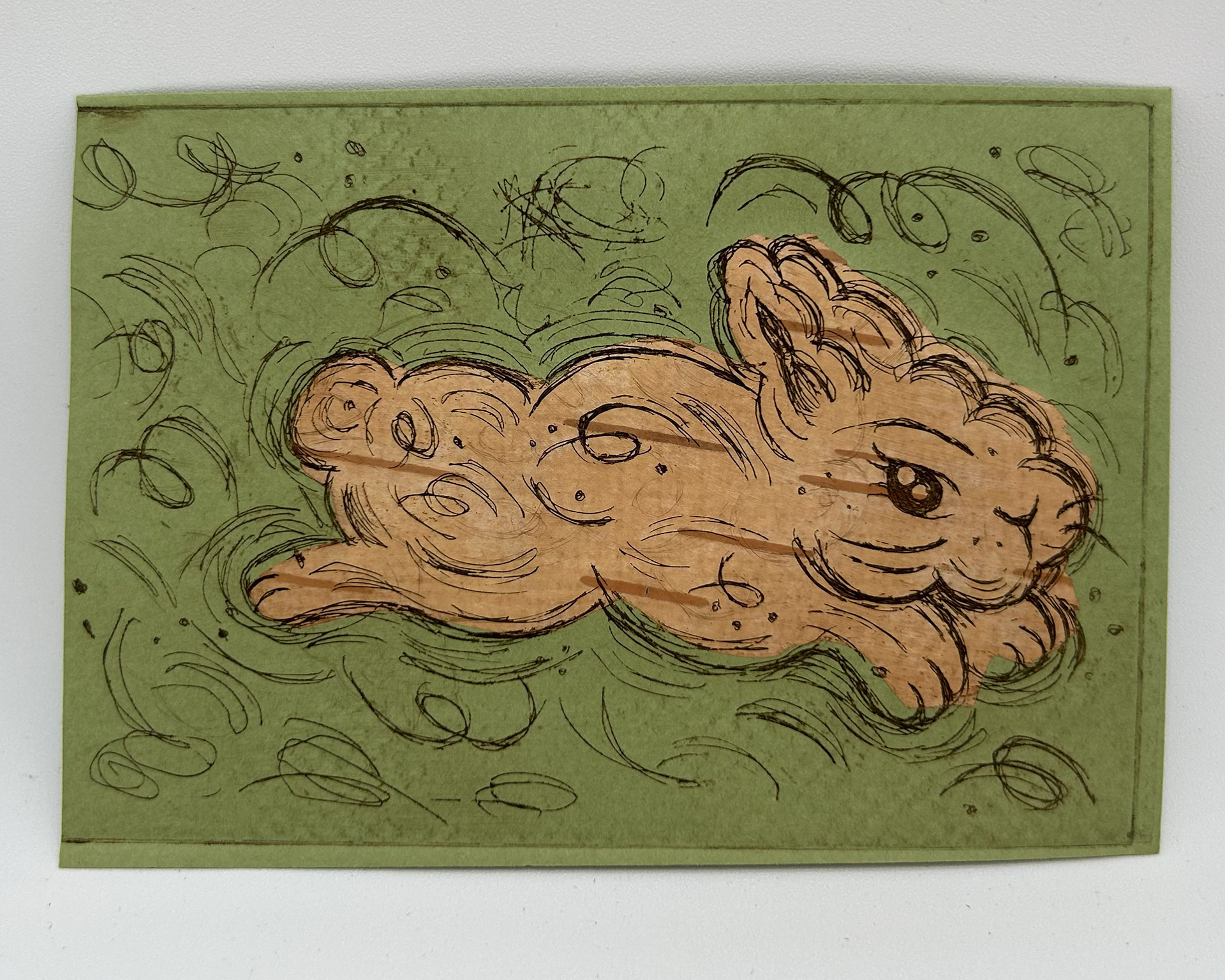 Birch Bunny - Copper etching with birchbark chine collé