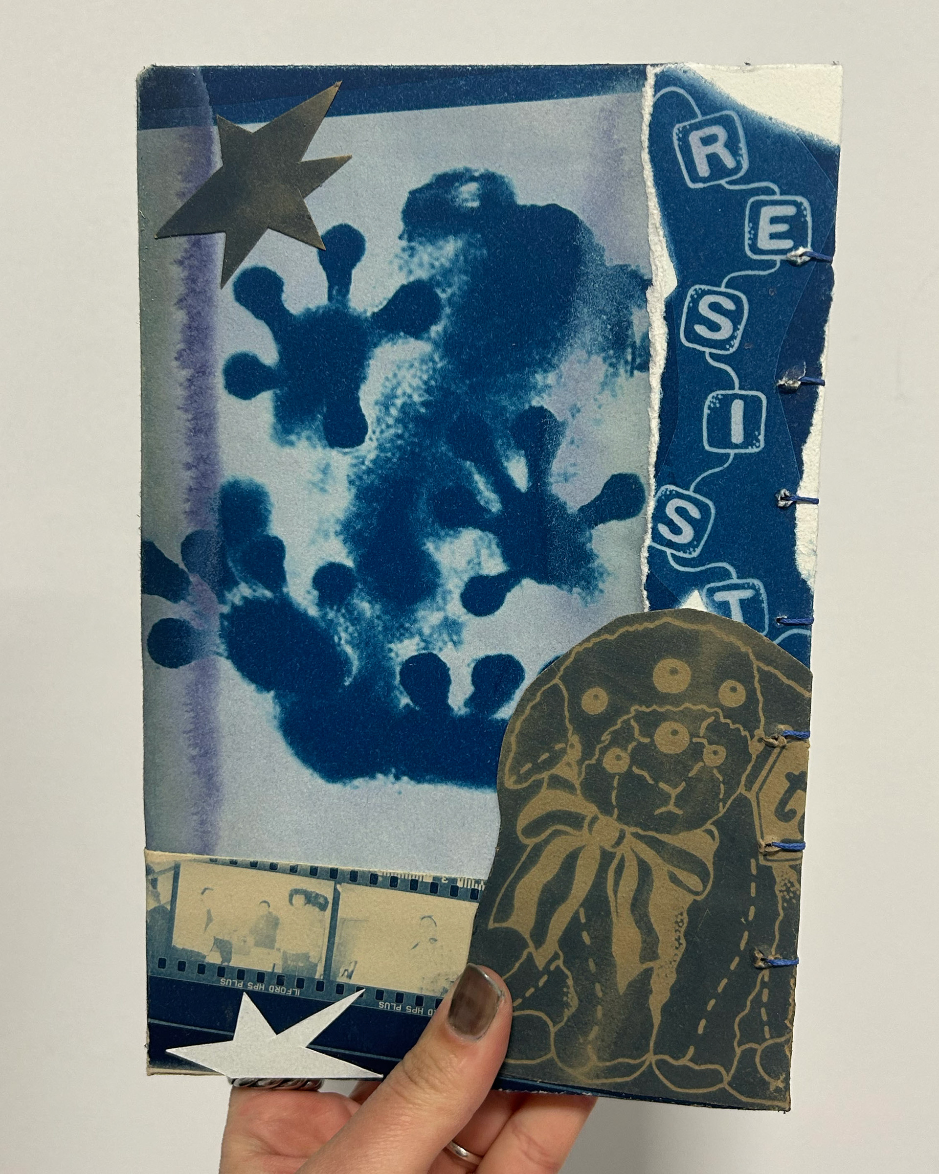 cyanotype collage coptic stitch sketchbook (back cover)