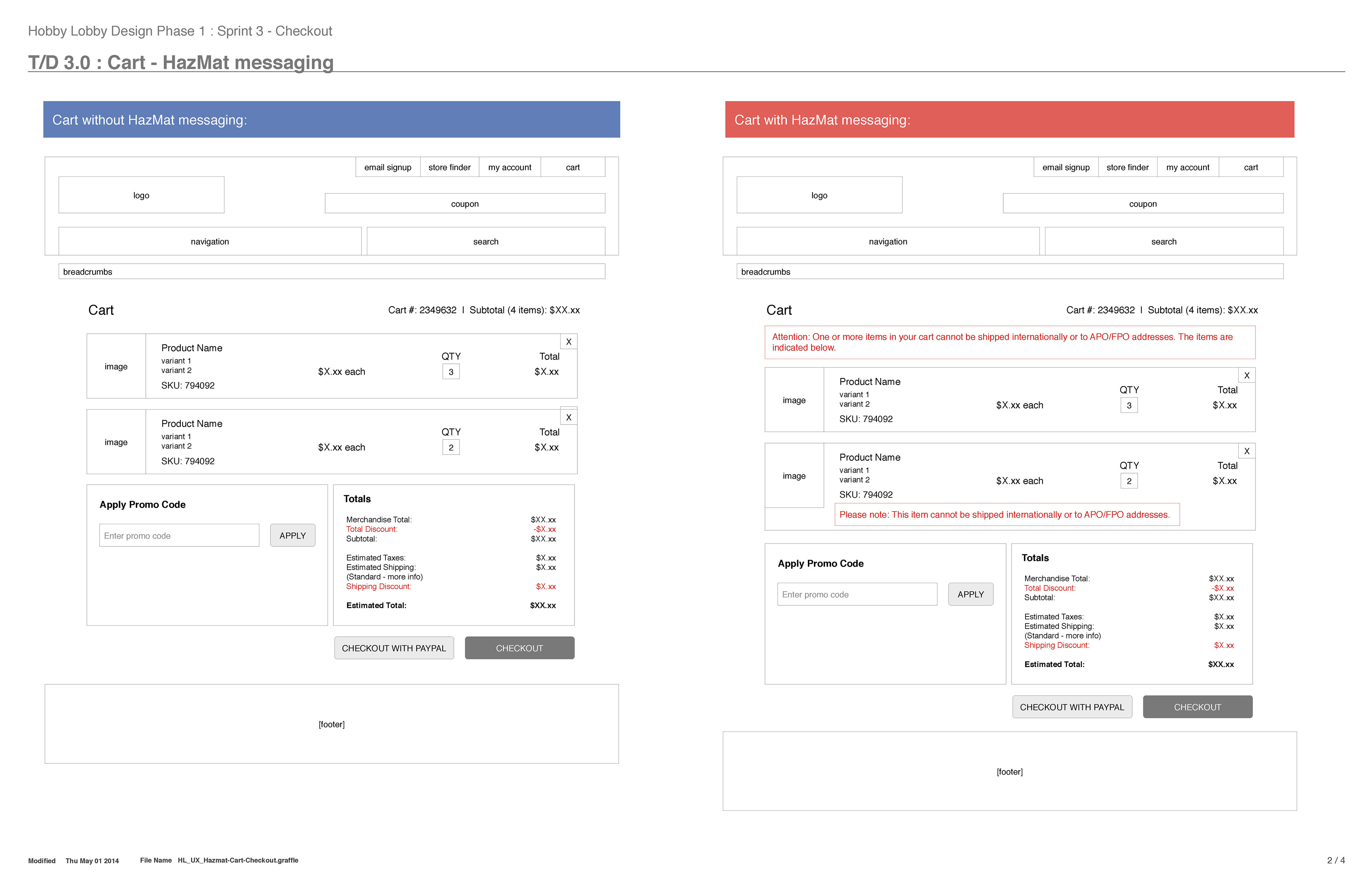 Sample wireframes from the special checkout flow