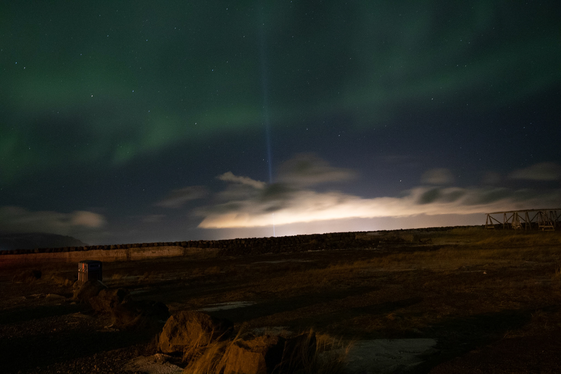 Northern Lights and the Yoko Ono Peace Tower light