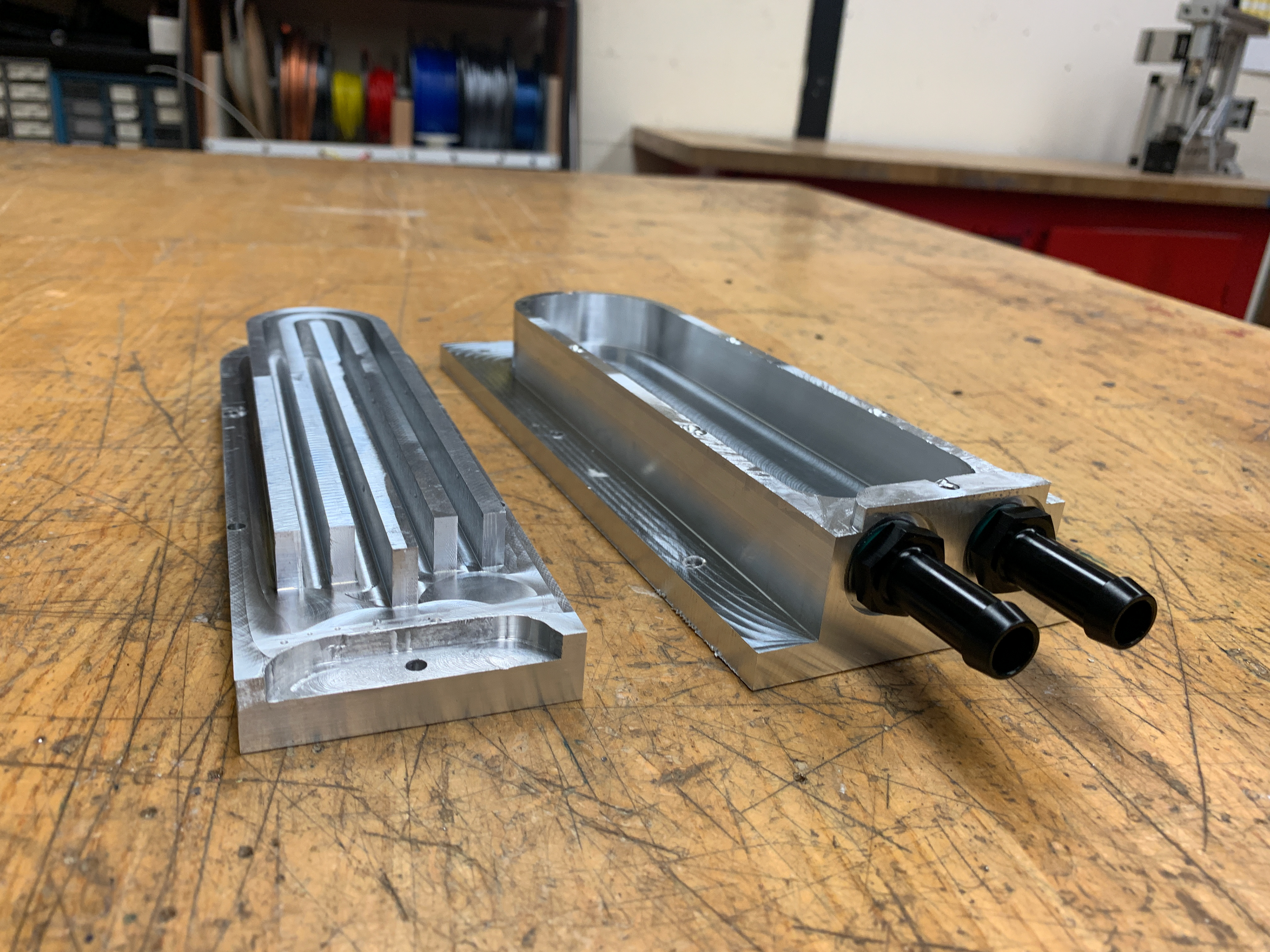 Both halves of CNC-machined waterblock