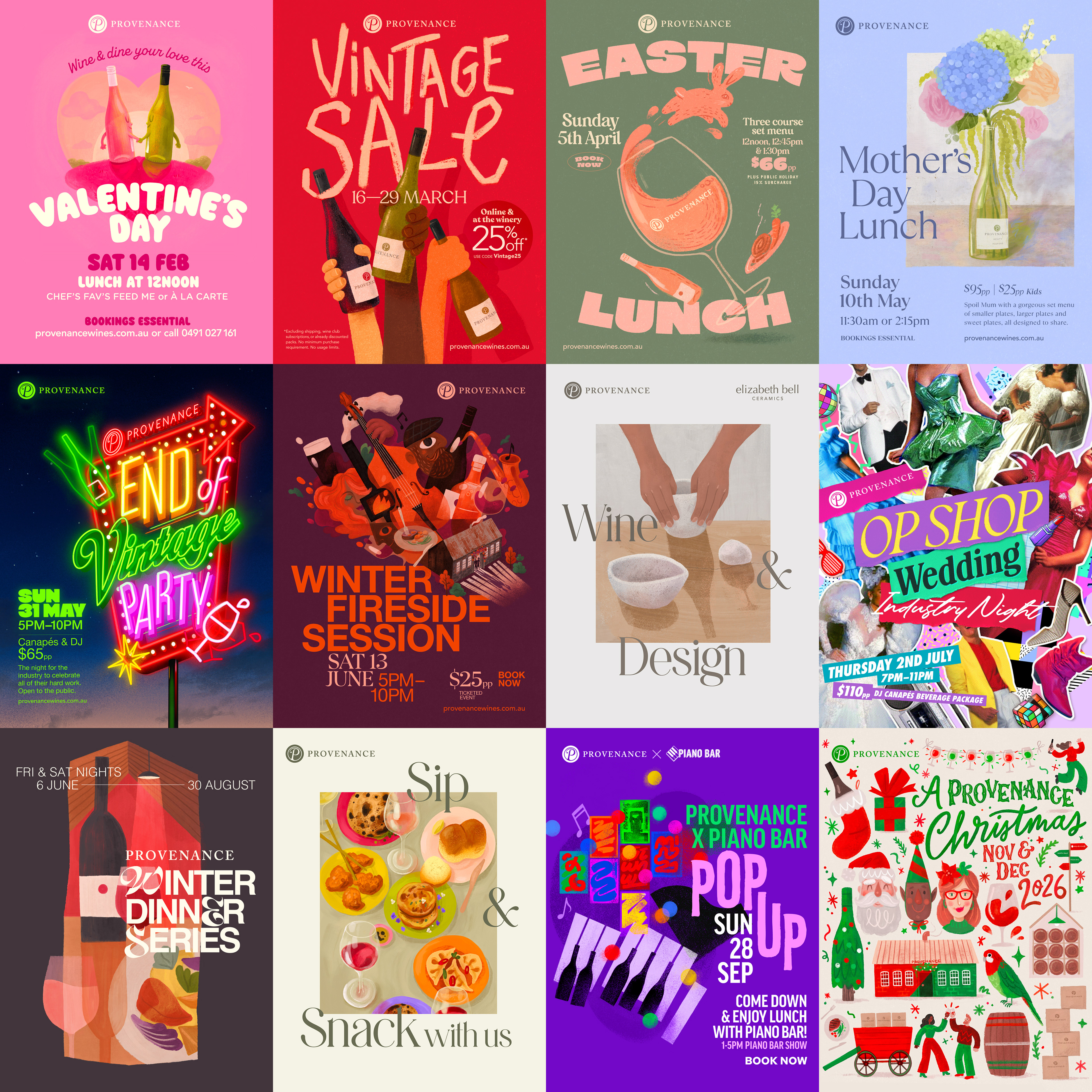 Provenance Wines campaign designs with sixteen events showcasing creative illustrations