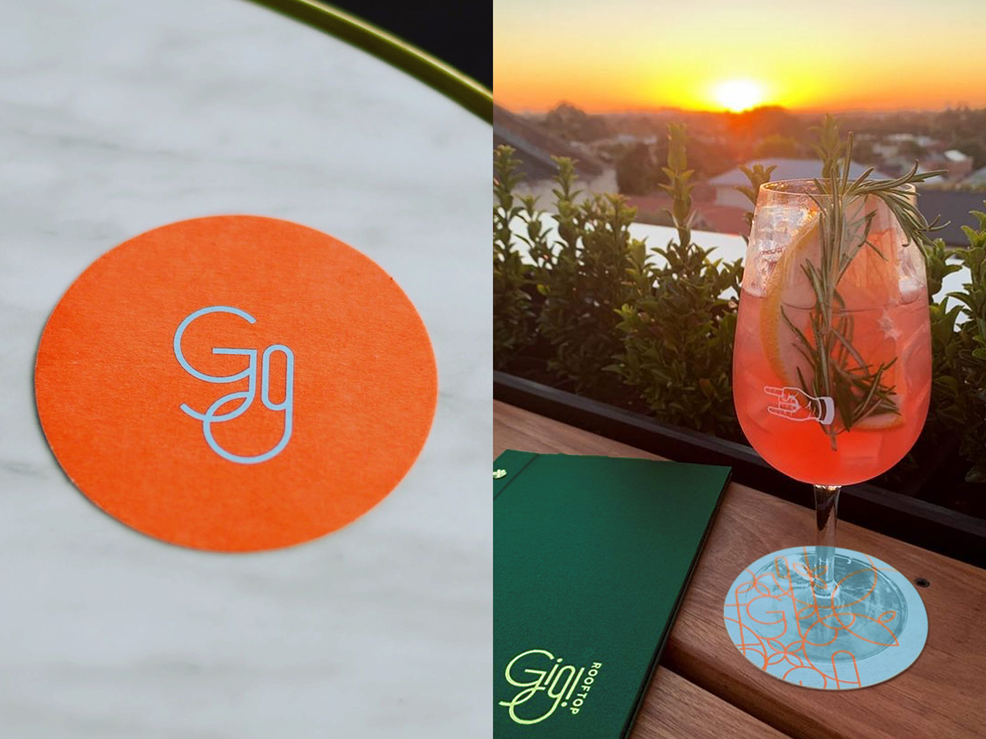 An orange coaster featuring a stylised logo next to a cocktail.