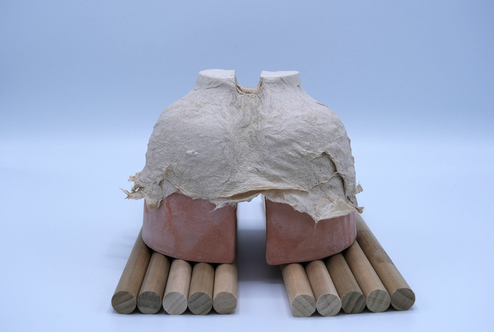 "Separation" , Bisque-Fired Stoneware, Hand-Pulled Flax Paper, Wooden Dowels, 1' x 6" x 7"