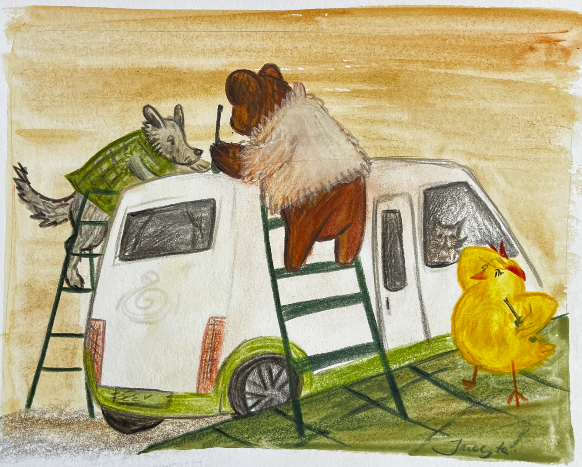 Title: Mrs. Chick & Mr. Bear Are Repairing Their Campervan