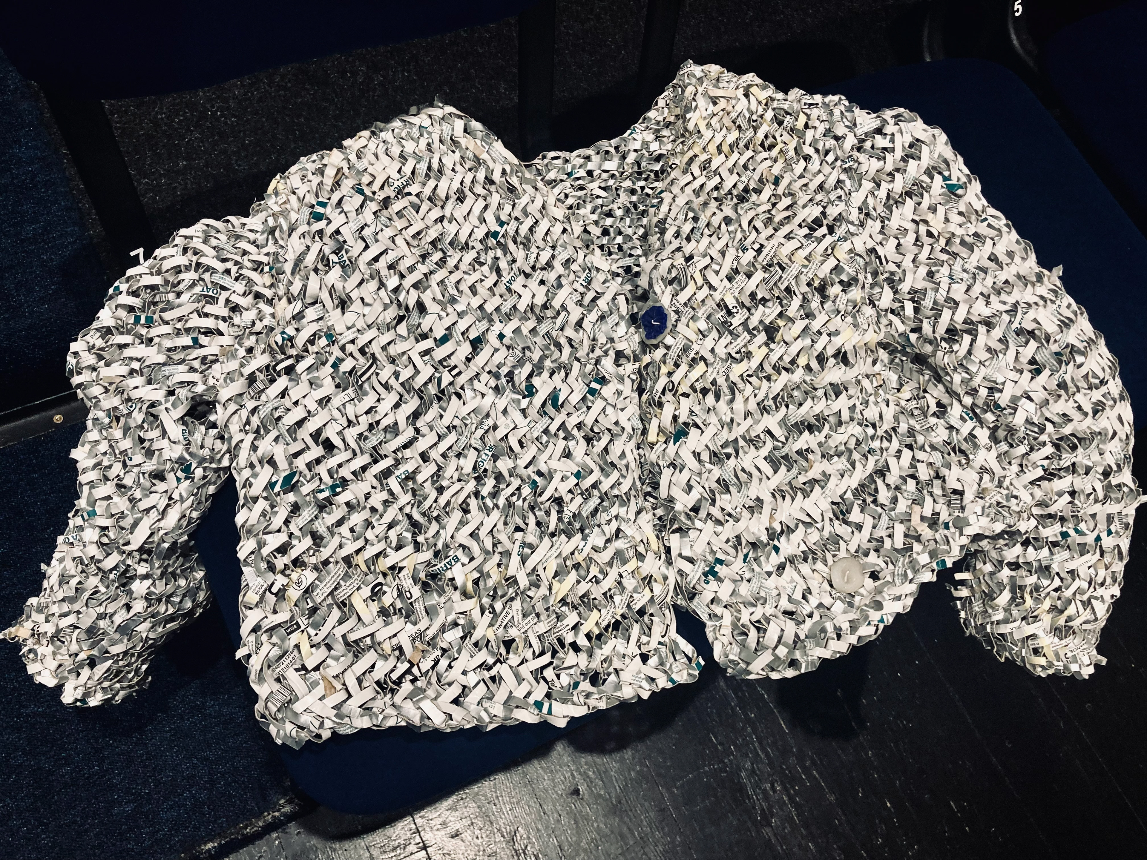Knitted sweater for ‘Galaktikos’. Buttons from recycled bottle caps