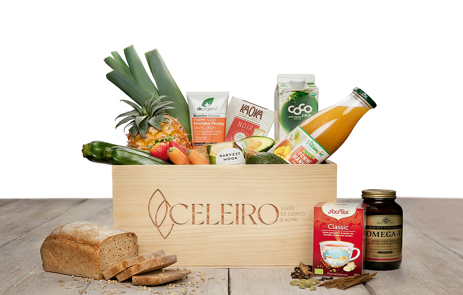 Mockup da identidade em sub-produtos da marca