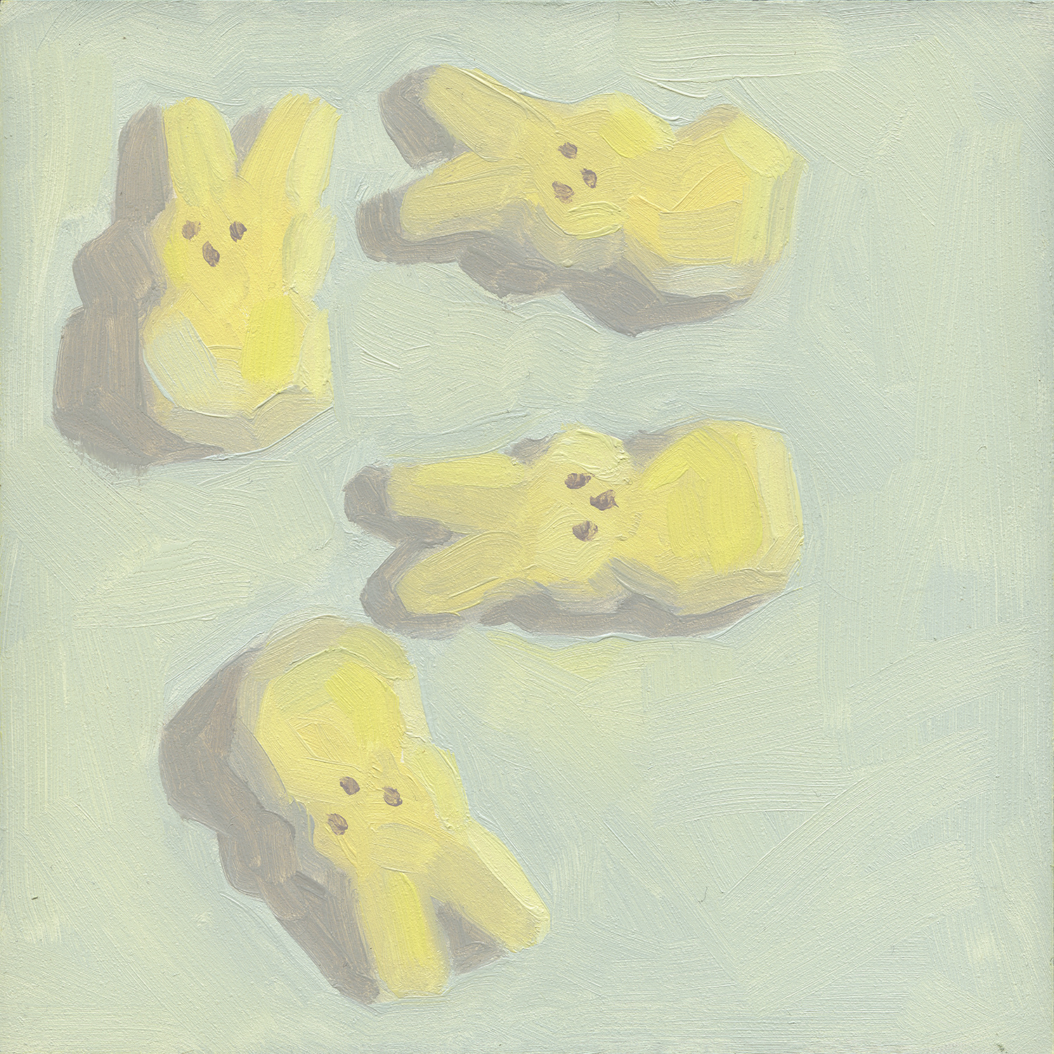 Peeps 14. 2019, oil on panel.