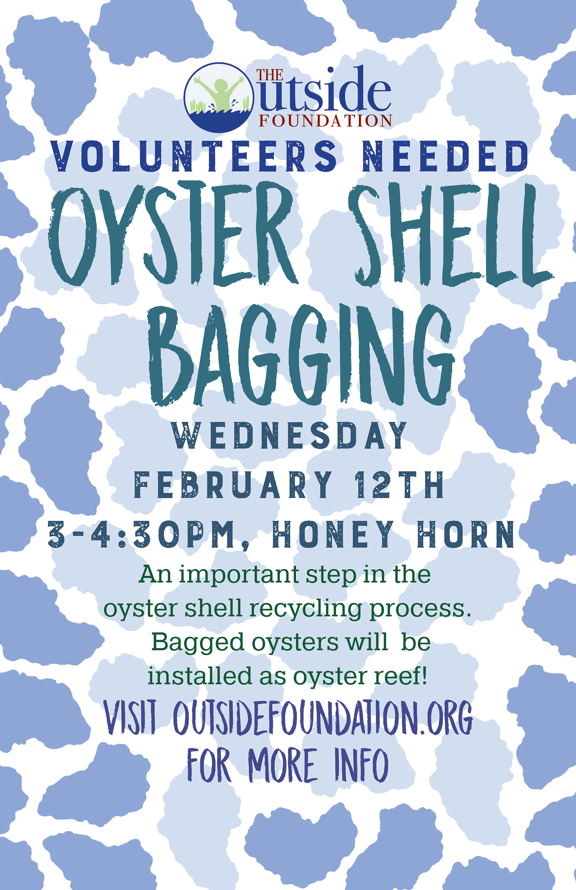 Outside Foundation flyer for shell bagging volunteer event. Variations include social graphics, printed posters & flyers, email headers, website graphics.