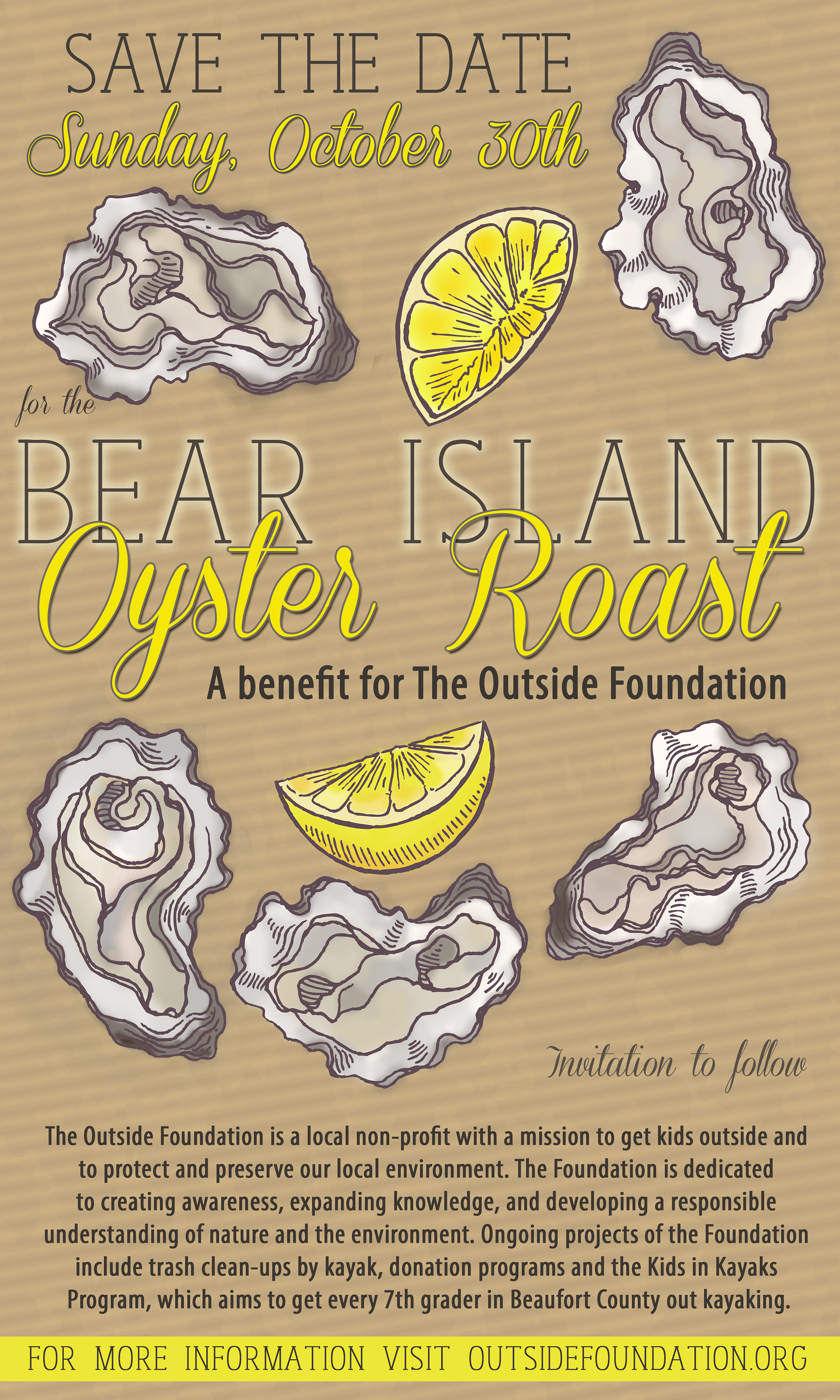 Outside Foundation invite for oyster roast.