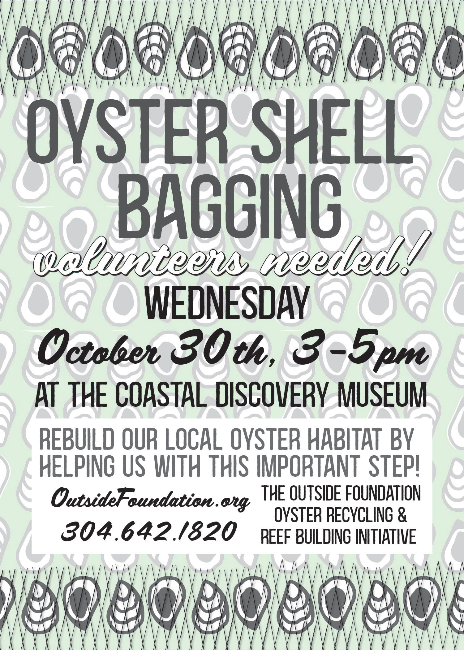 Outside Foundation flyer for shell bagging volunteer event. Variations include social graphics, printed posters & flyers, email headers, website graphics.