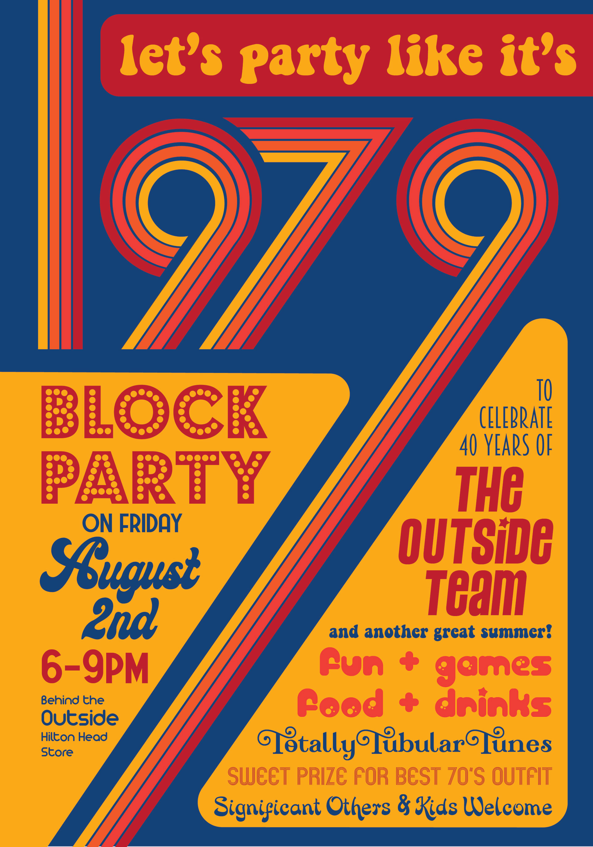 Outside Brands invite for Summer staff party in 2019, the businesses 40th anniversary. Digital illustration, design. The event had a cool rainbow/disco theme.