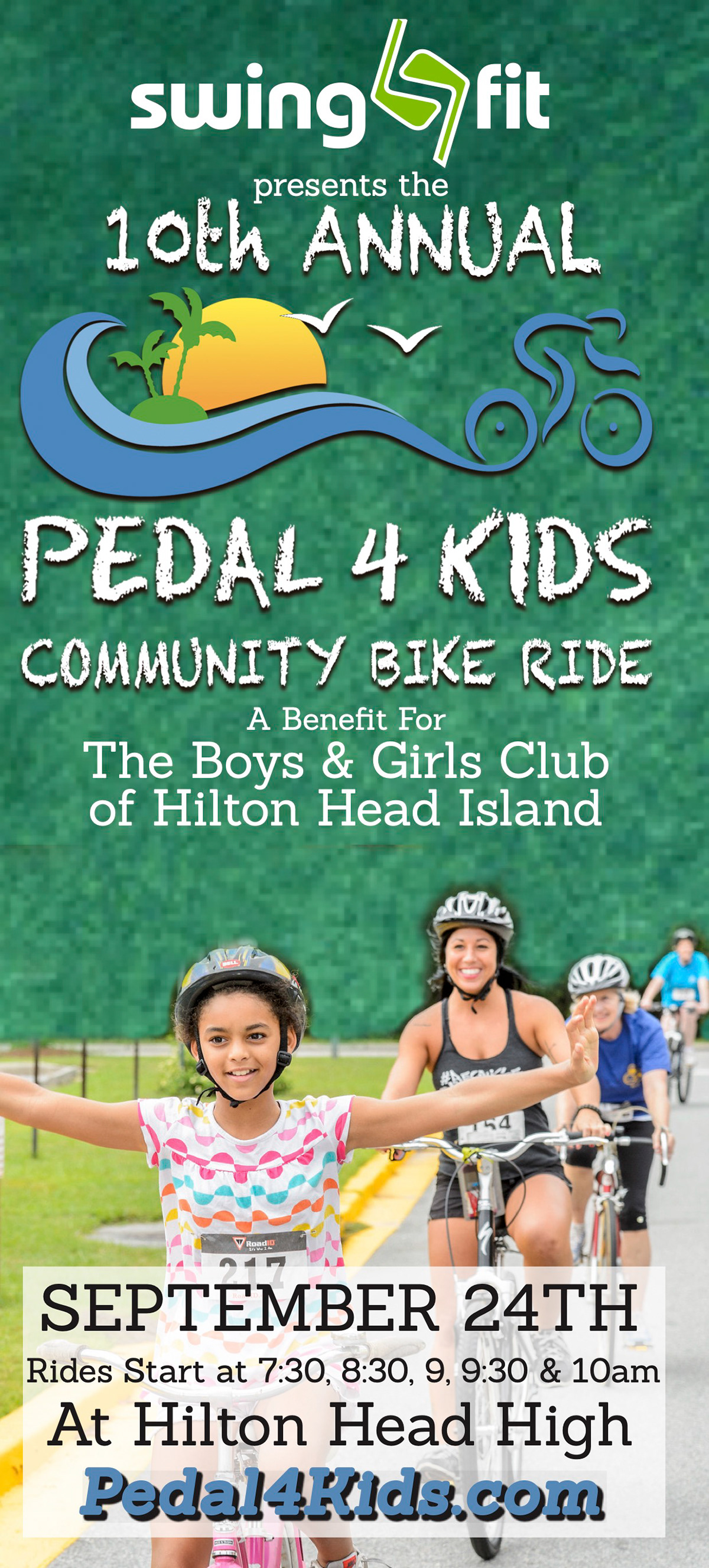 Boys and Girls Club of Hilton Head rack card for annual bike event. Photo montage and design. Variations include print and digital ads, flyers, posters, social and email graphics.