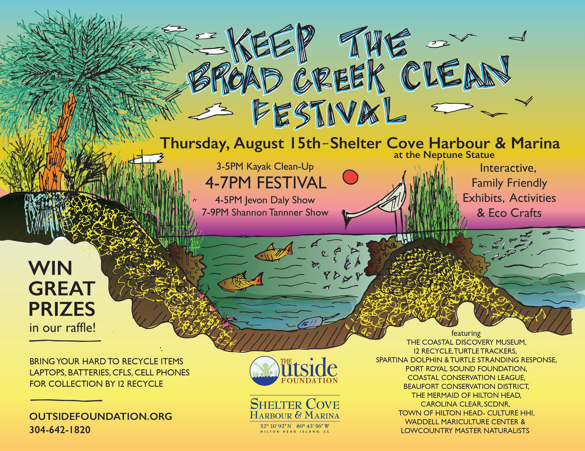 Outside Foundation annual Keep the Broad Creek Clean Festival. Hand illustrated, digital design and color. Variations include print ad, social graphics, printed posters & flyers, email headers, website graphics.