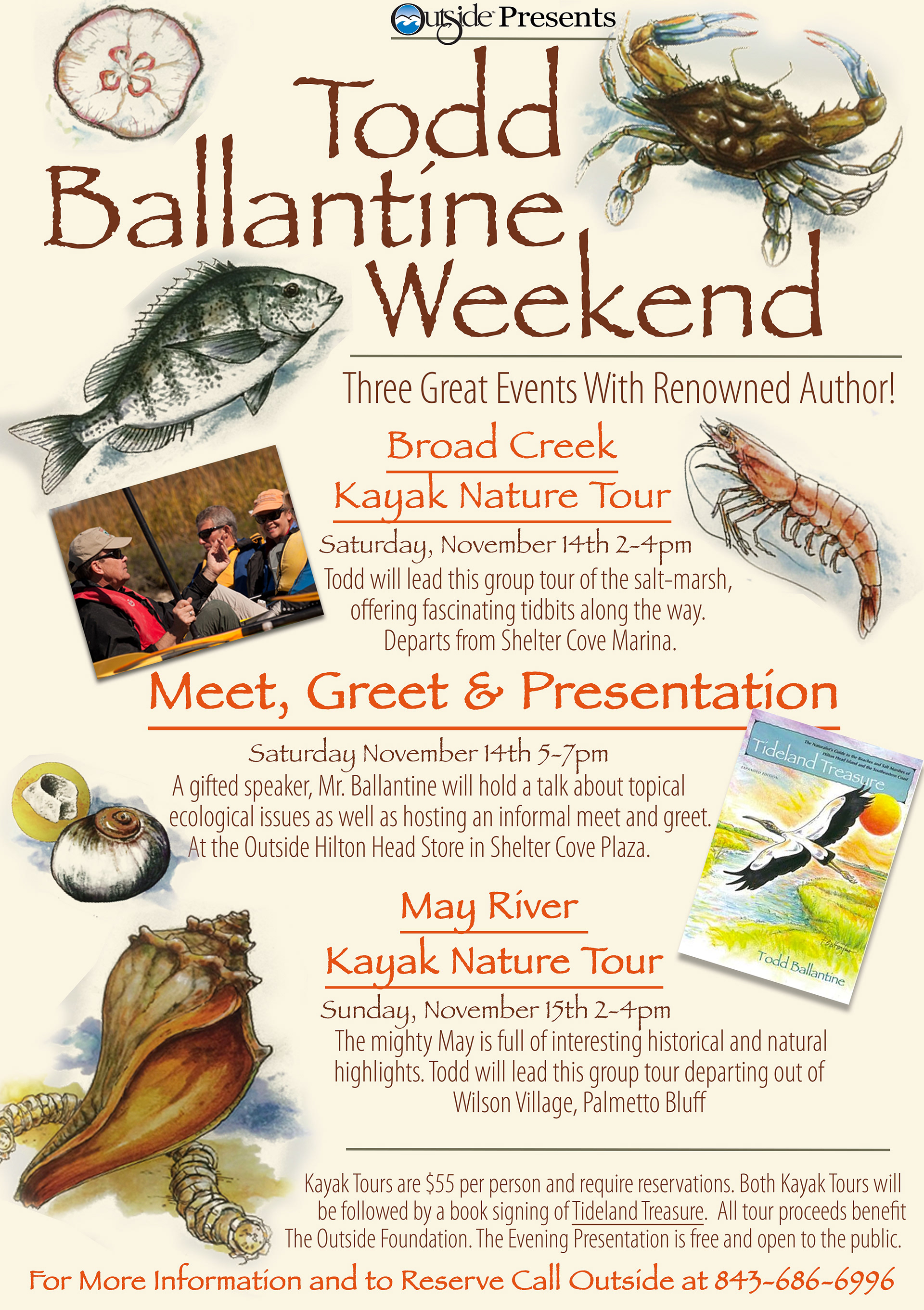 Outside Brands flyer for weekend of events featuring famous Naturalist author and illustrator. Design using his illustrations, that I colorized. Variations include social graphics, printed posters & flyers, email headers, website graphics.