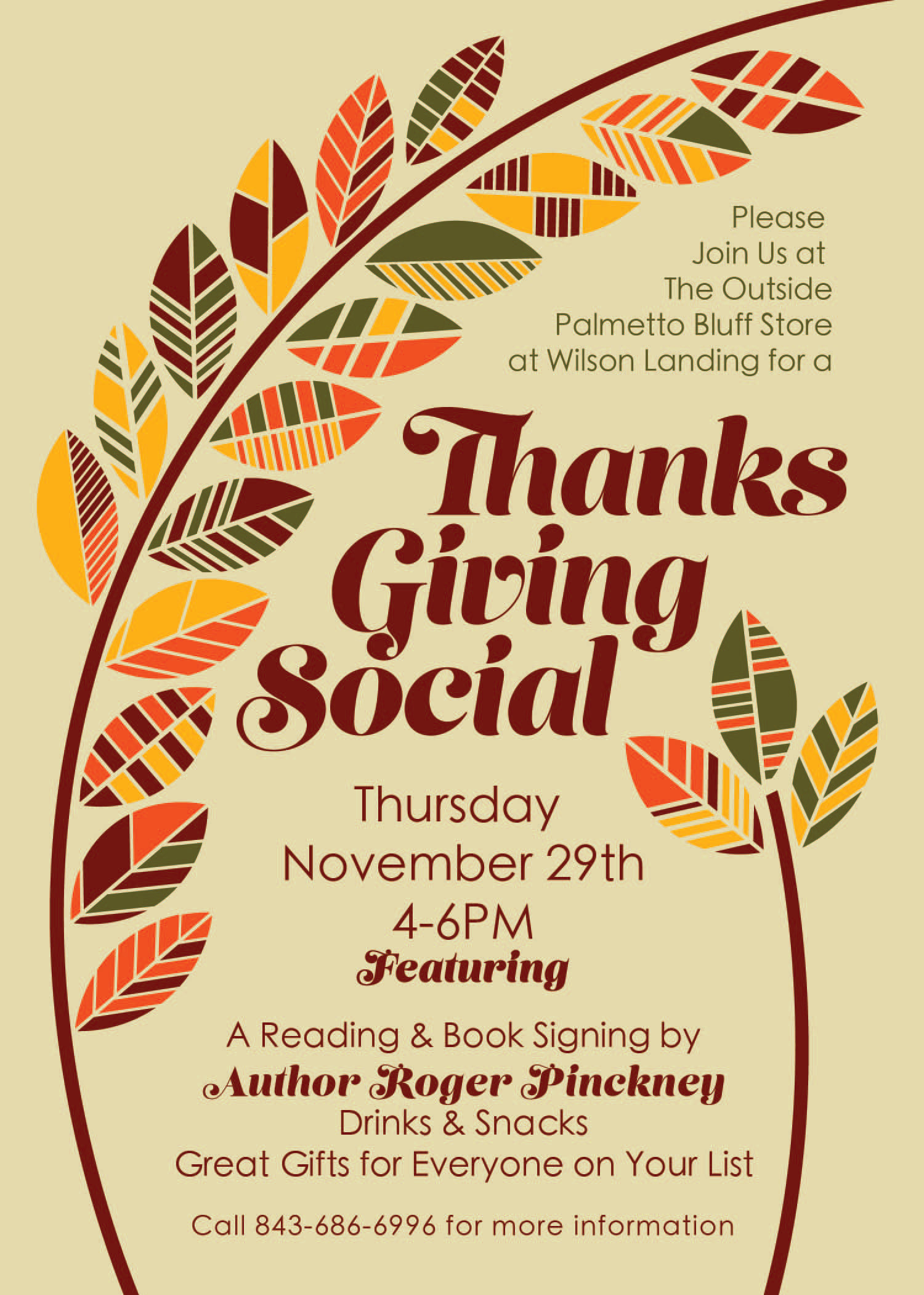 Outside Brands Thanksgiving Social for Palmetto Bluff location. Digital illustration, design.Variations include social graphics, printed posters & flyers, email headers, website graphics.