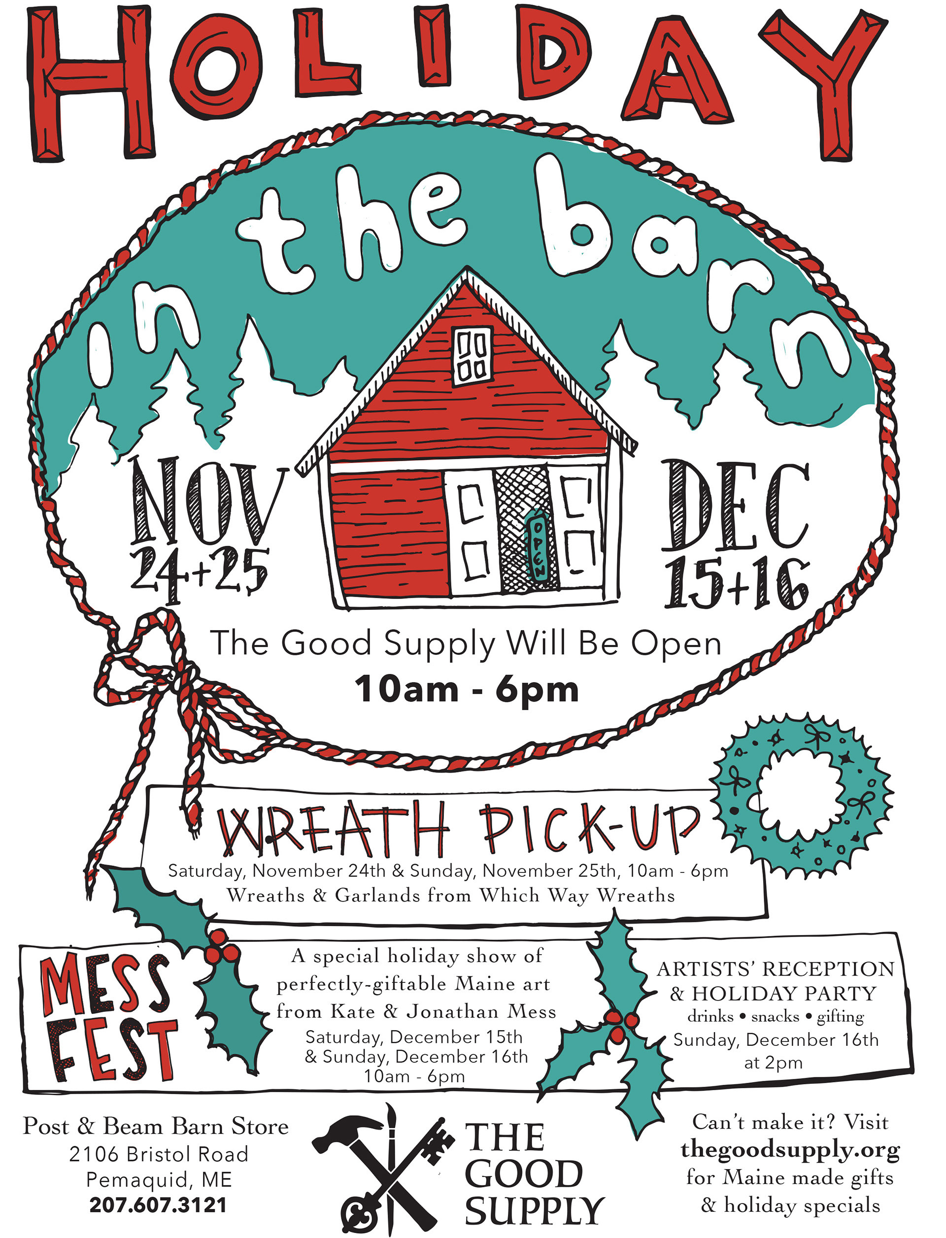 The Good Supply flyer for Holiday promotions. Hand illustration, digital design and color. Variations include printed posters, social, website and email graphics.