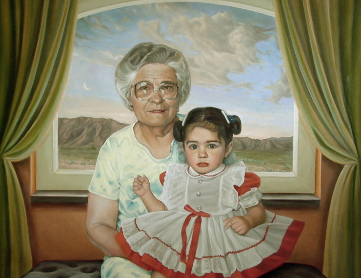 La Abuela Manuela con su Nieta Maria Estela, Oil on Canvas, 37.5”x 44.5”