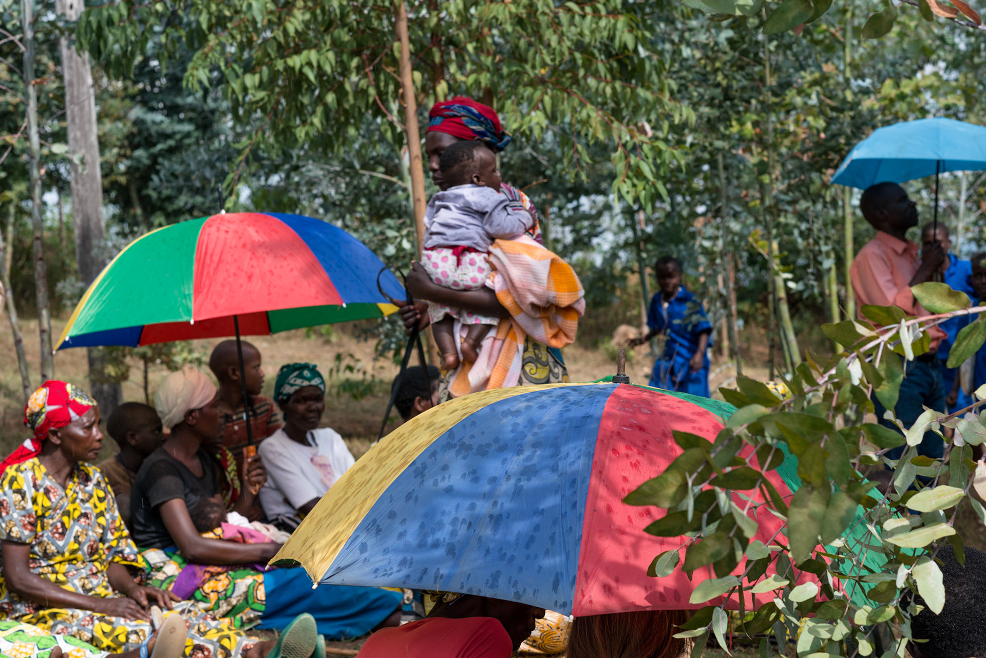 A self help group sits in the shade of trees, a year after formation.