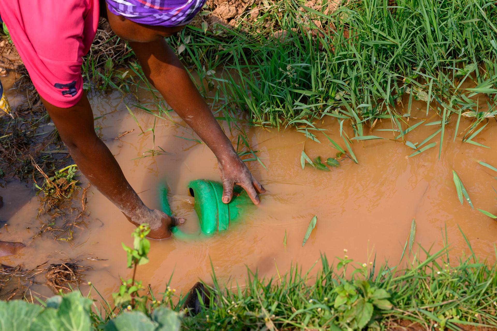 A woman fills a watering can