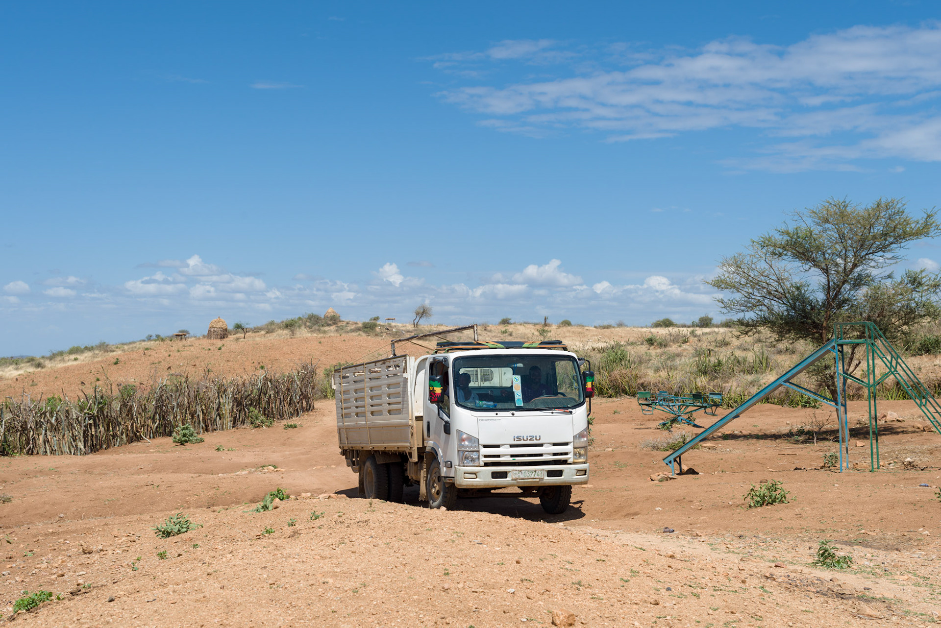A truck arrives with a new batch of goats. These will undergo vetinerary checks and vaccination prior to distribution.