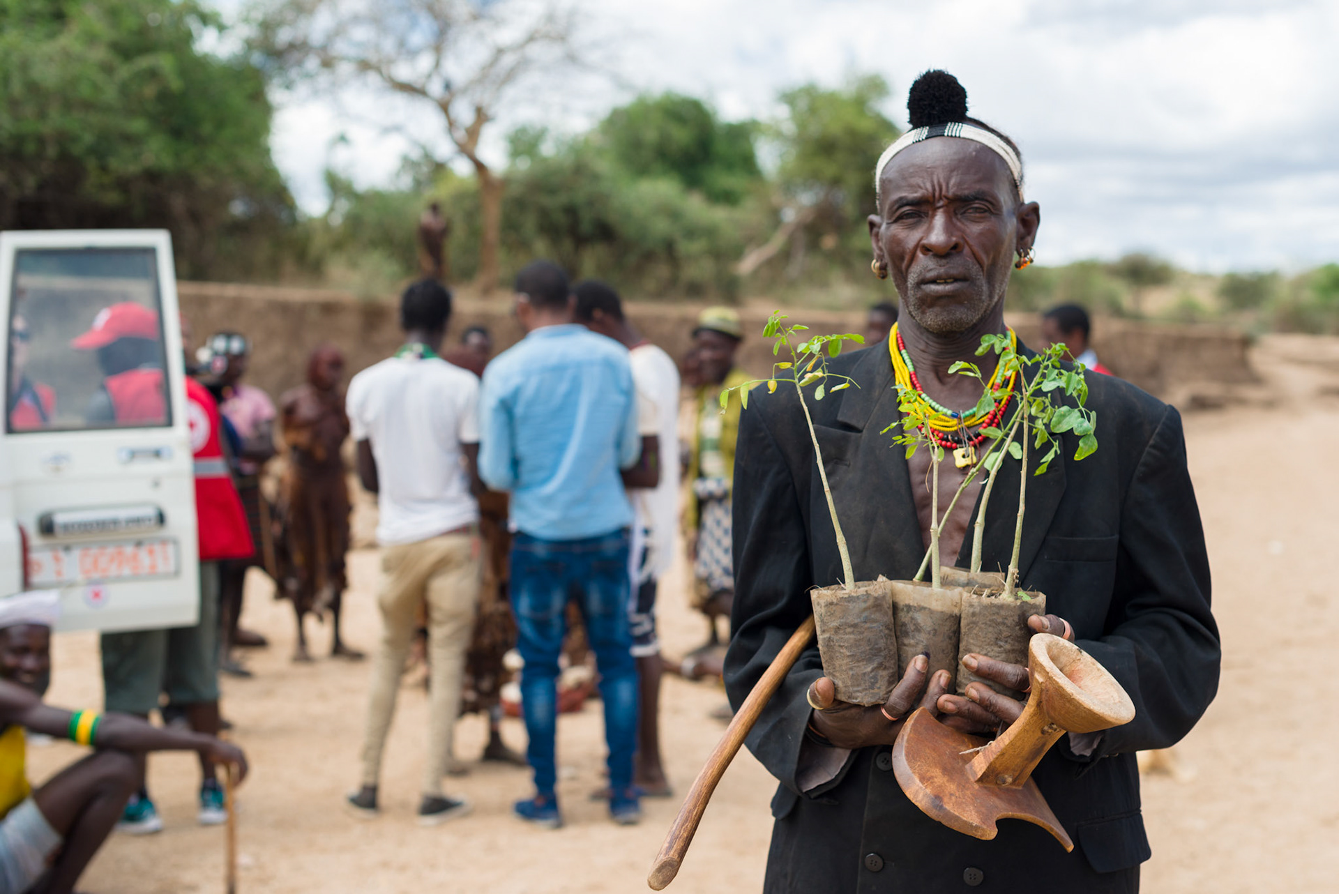 Hamer man Amber Kulo with his moringa seedlings. The seed pods from moringa trees are used for food and as a cash crop.
