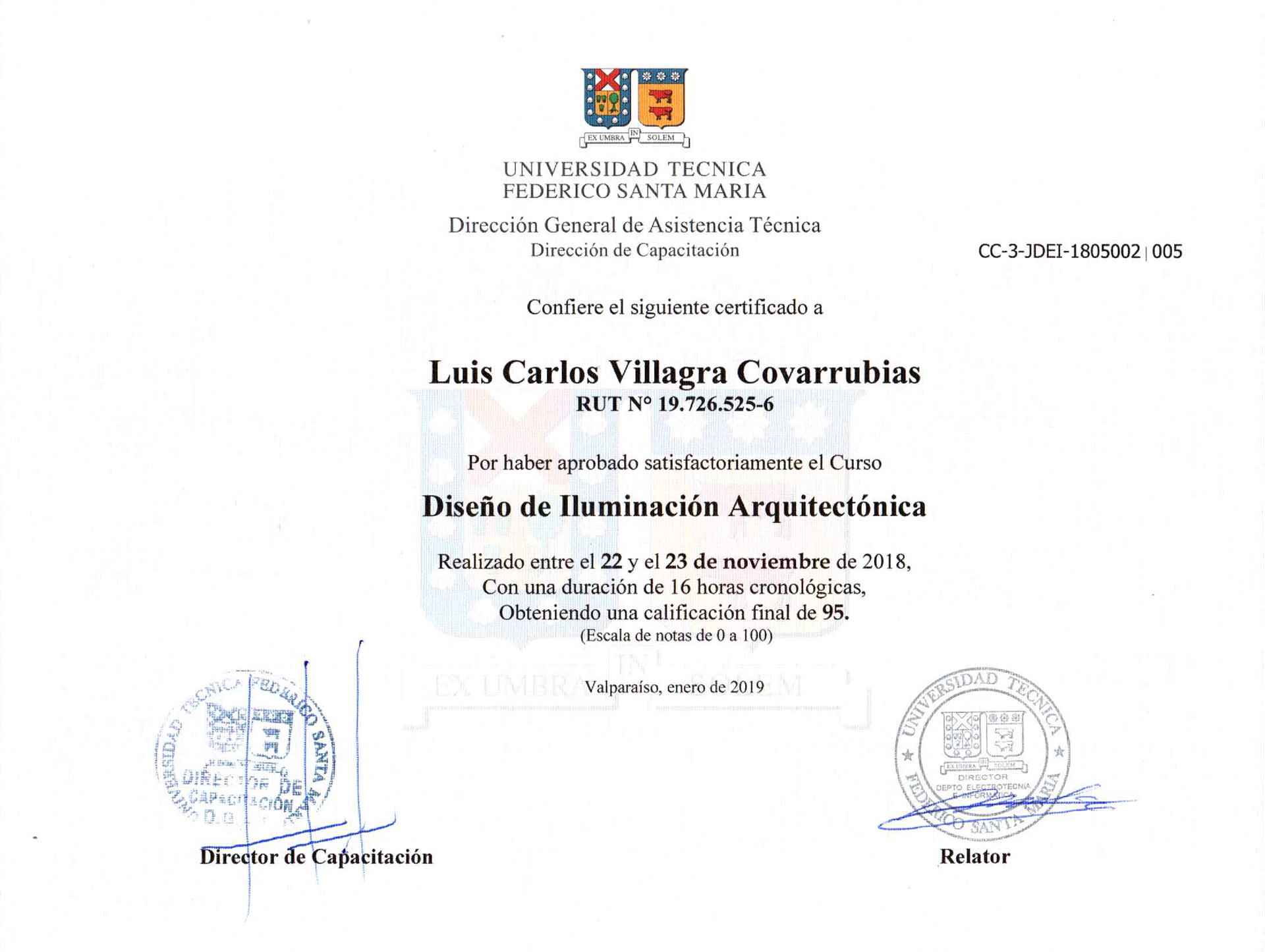 Certificado de aprovación de Curso de diseño de Iluminación Arquitectónica USM