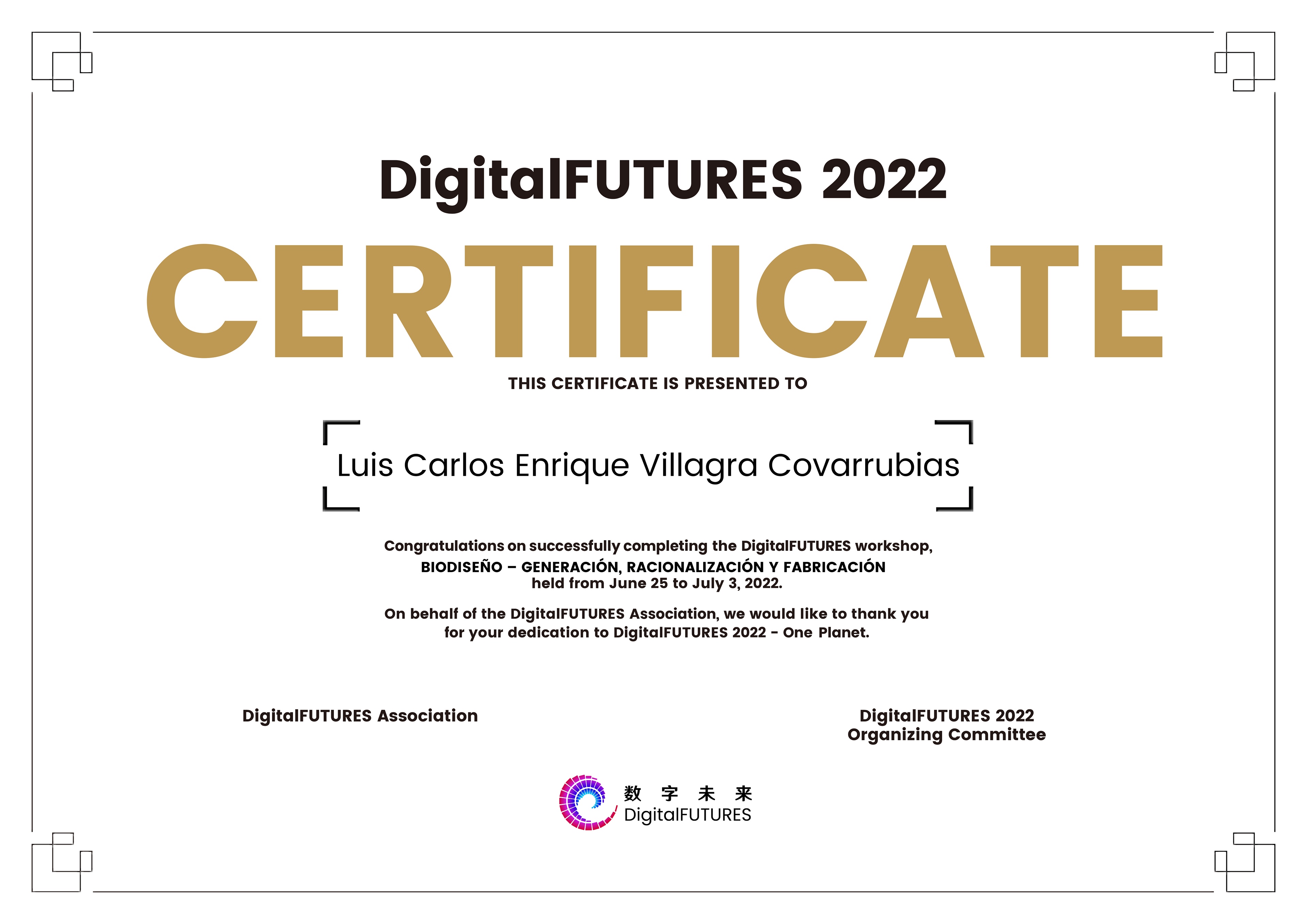 Certificado de participación en el taller "Biodiseño - Generación, Racionalización y Fabricación" impartido por Digital Futures