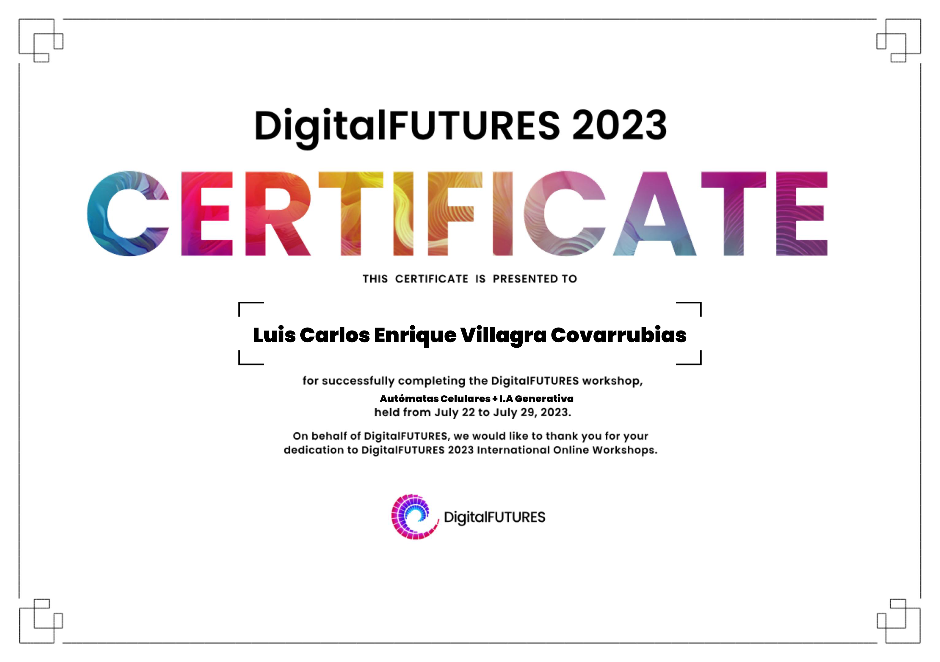 Certificado de participación en el taller "Autómatas Celulares + I.A Generativa" impartido por Digital Futures