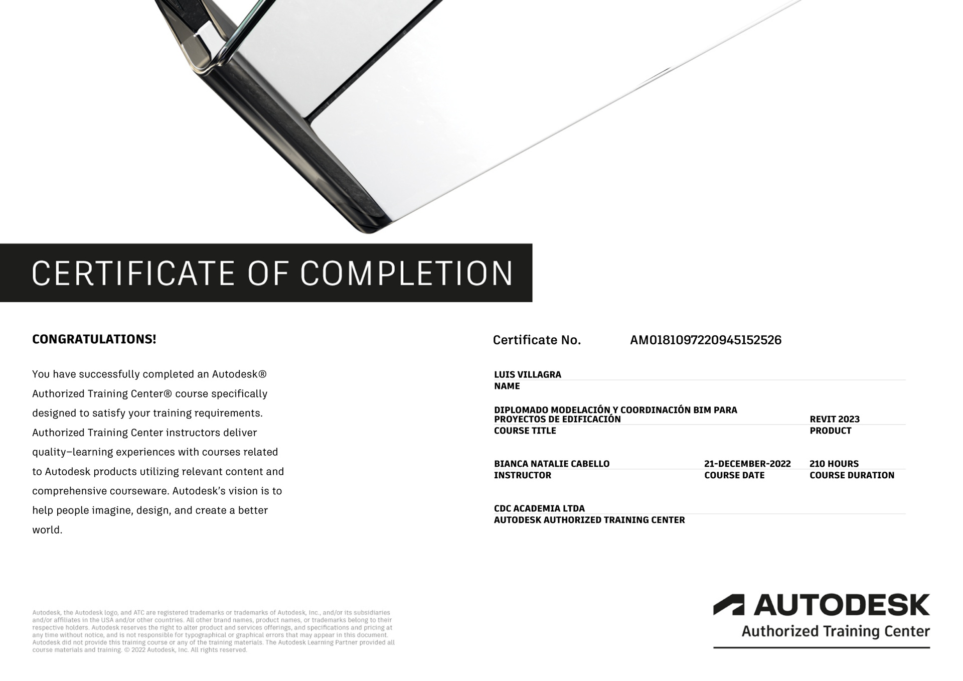 Certificado de finalización de diplomado Modelación y Coordinación de Autodesk