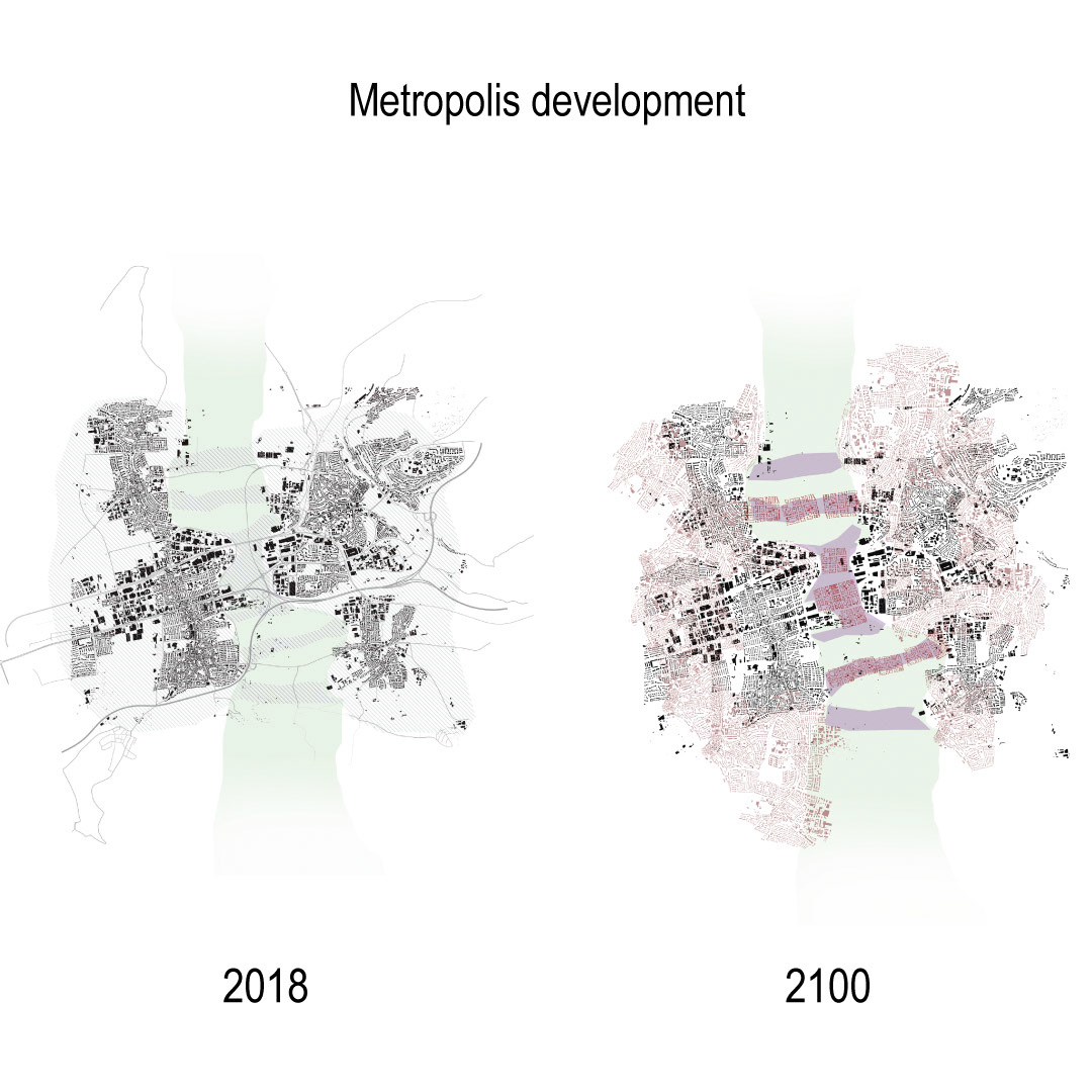 The Vision: Cities like Stuttgart will grow and todays suburban cities will become part of the metropolises. In this case Fellbach will become a part of Stuttgart just as Waiblingen will later on. Not to produce borderless connections, there have to be so called Infills. Those Infills function as living, working and vacation space as well and represent a possibility of future living habits. Private transportation does not longer exist as we know it today. Cars - however the look like –drive on a grid and work as a public transport infrastructure for private and commercial use.