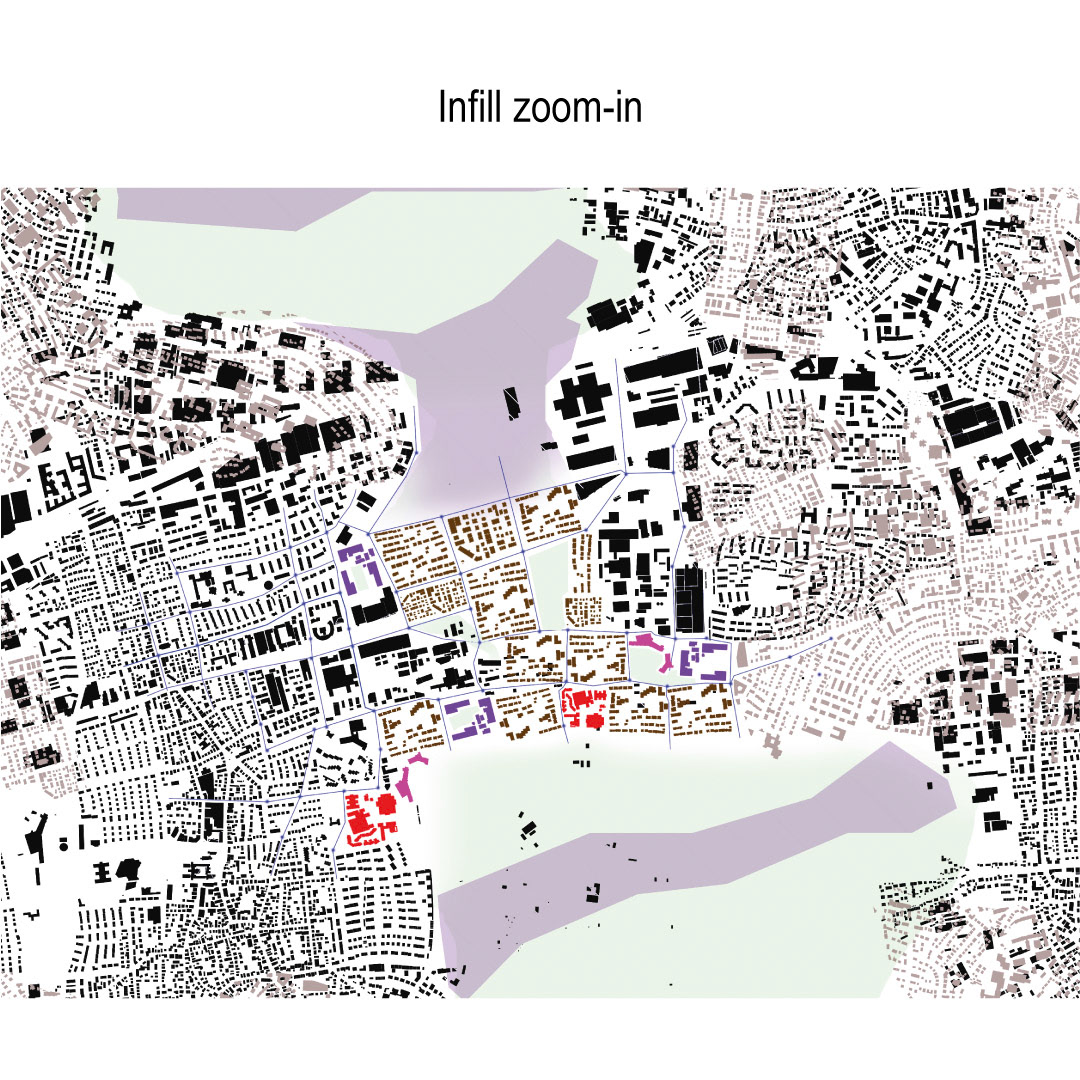 Those typologies include a lot more different functions, which can be put together like it is needed. Because of the density of the city there are tools that always need to be included in the generated living blocks. These are topics like energy/ power generation, green areas for urban gardening and CO2 reduction and the reuse of rainwater. Inside the blocks are pedestrian and bicycle areas only. Public transport will only be possible via the car and railway grid which are defined by the main axis and the todays street grid. The possibility of mixing up a huge palette of different situations makes the Metropolis Infills a great view for a bright and shiny future.