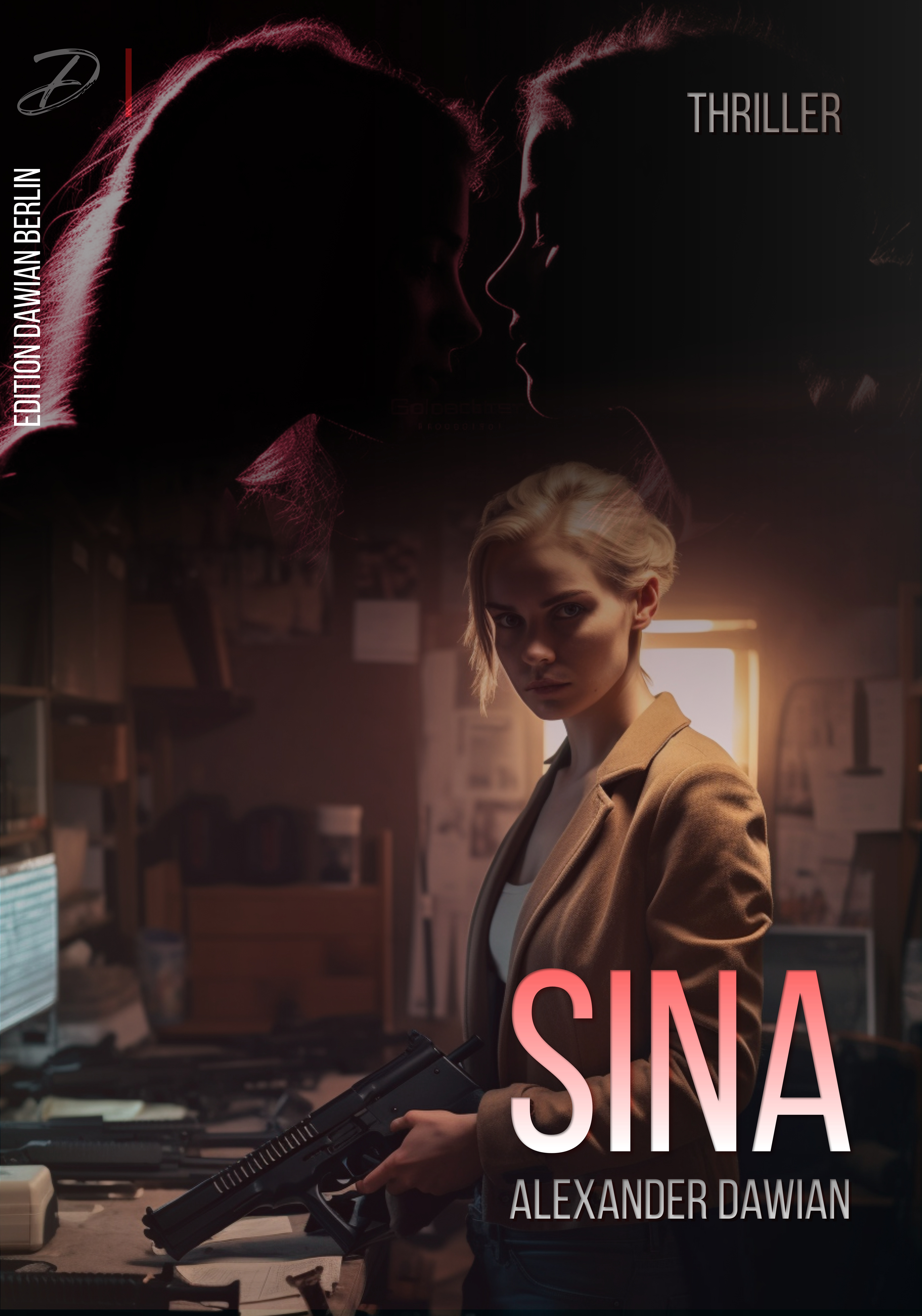 Beispiel für ein Cover des Romans "Sina". In der Bildmitte steht eine junge Frau mit einer Maschinenpistole in der Hand, die den Betrachter anschaut. Im Hintergrund ein Arbeitszimmer mit  einem Pomputer auf einem Schreibtisch. Als Schatten sieht man oben von der Seite zwei Frauenköpfe., die sich nahe beieinander befinden und sich anschauen.