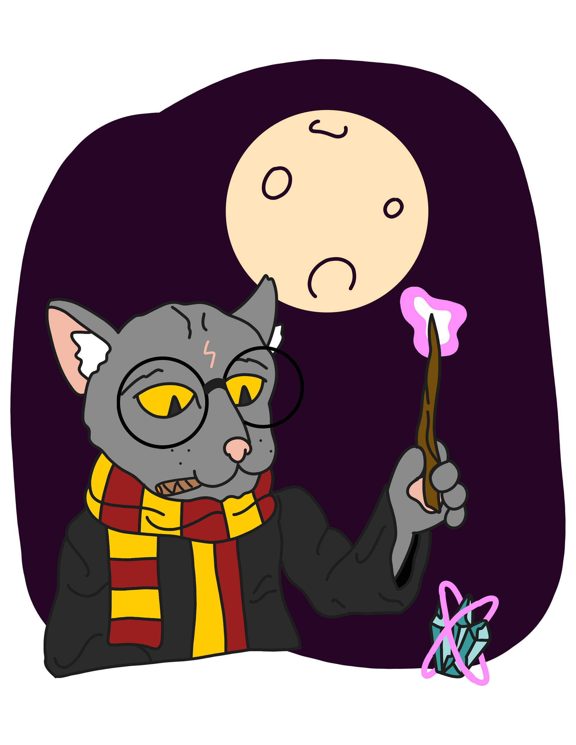 Provided prompt: Crystals, the moon, Marijuana, Harry Potter, cat