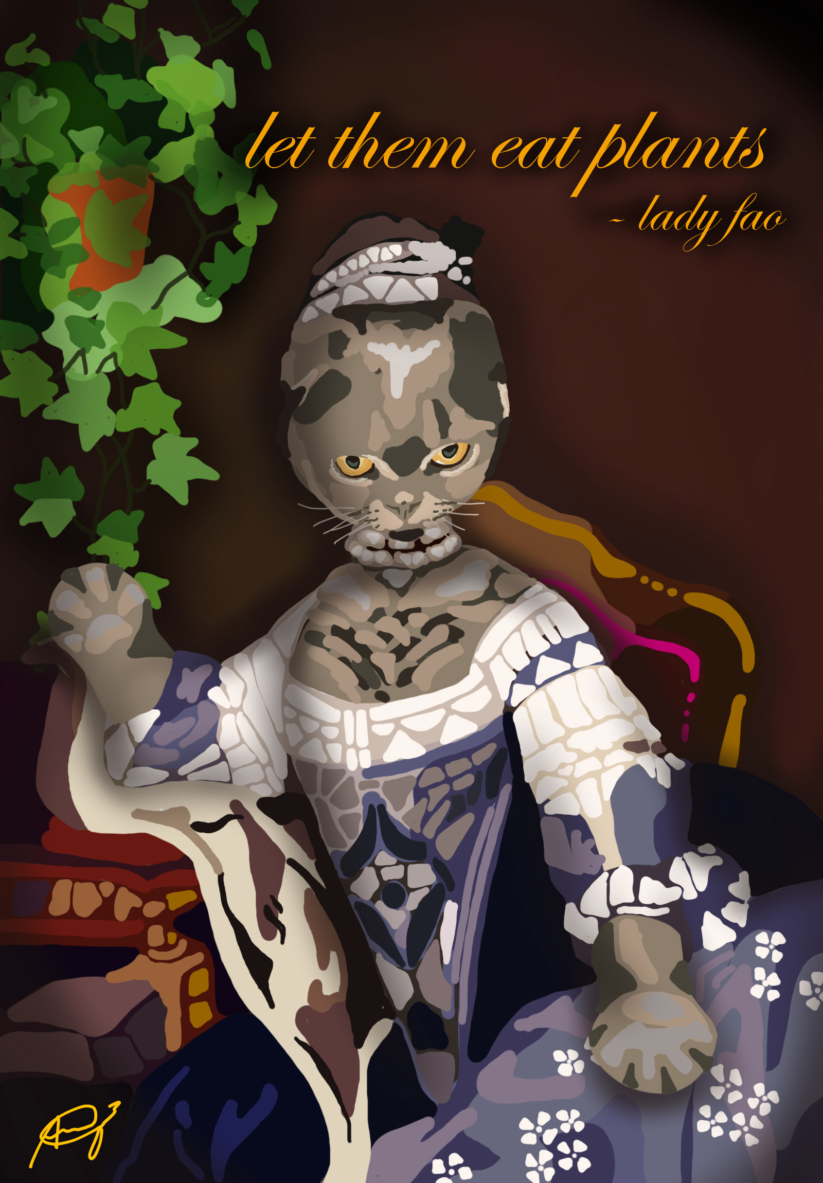 Lady Fao, 2021 (digital) | Brief: To paint Fao the Russian Blue Cat as Marie Antoinette, with the popular quotation on frame