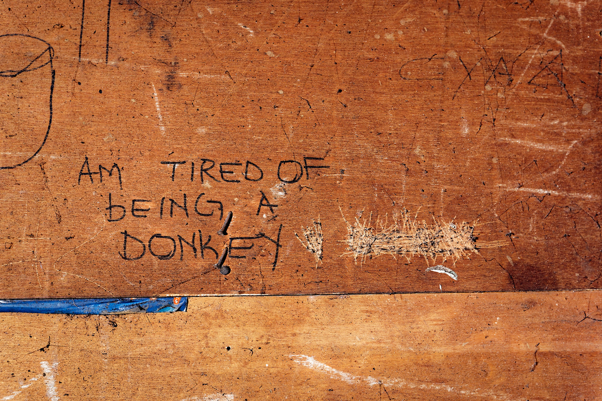 "Tired Of Being A Donkey" 2004-2016 Photographic Print Fine Art Cotton Fibre A1. Writing on a wall in Dark City reads 'Tired of being a donkey' the image reflects the manner in which immigrants and unskilled labour are exploited in South Africa.The exploitation of labour adds to the growing of an unequal society and pushes many disadvantaged people into living conditions such as Dark City.                                                               