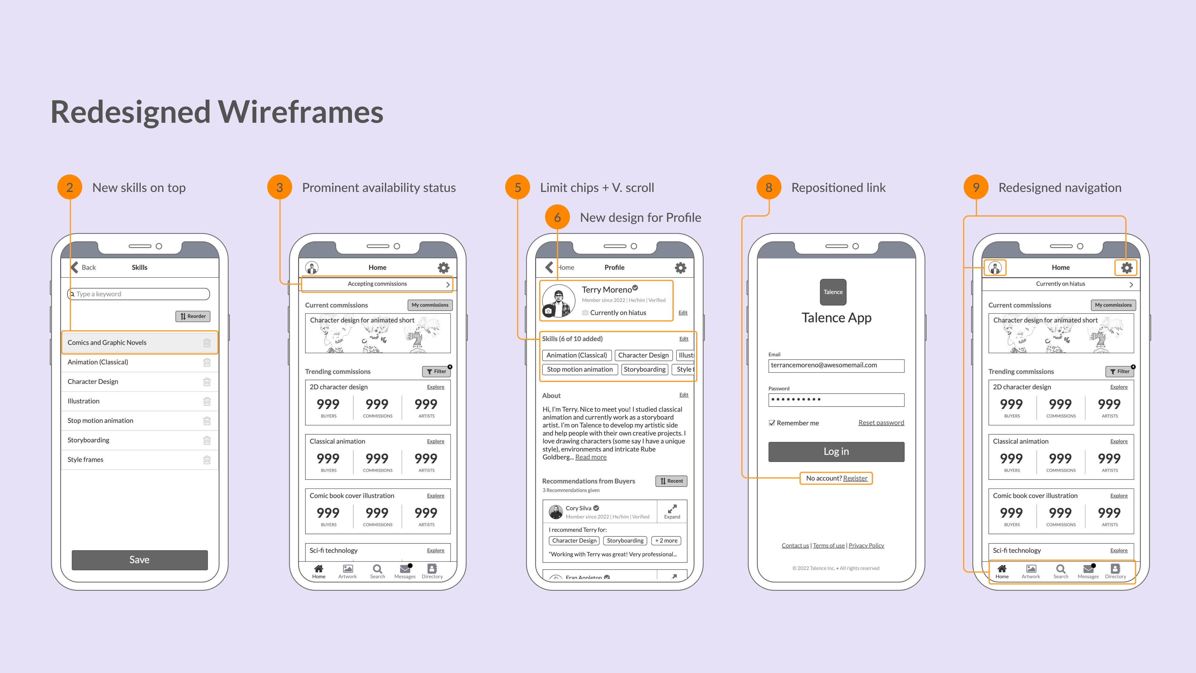 Low-fi wireframes with incorporated design improvements