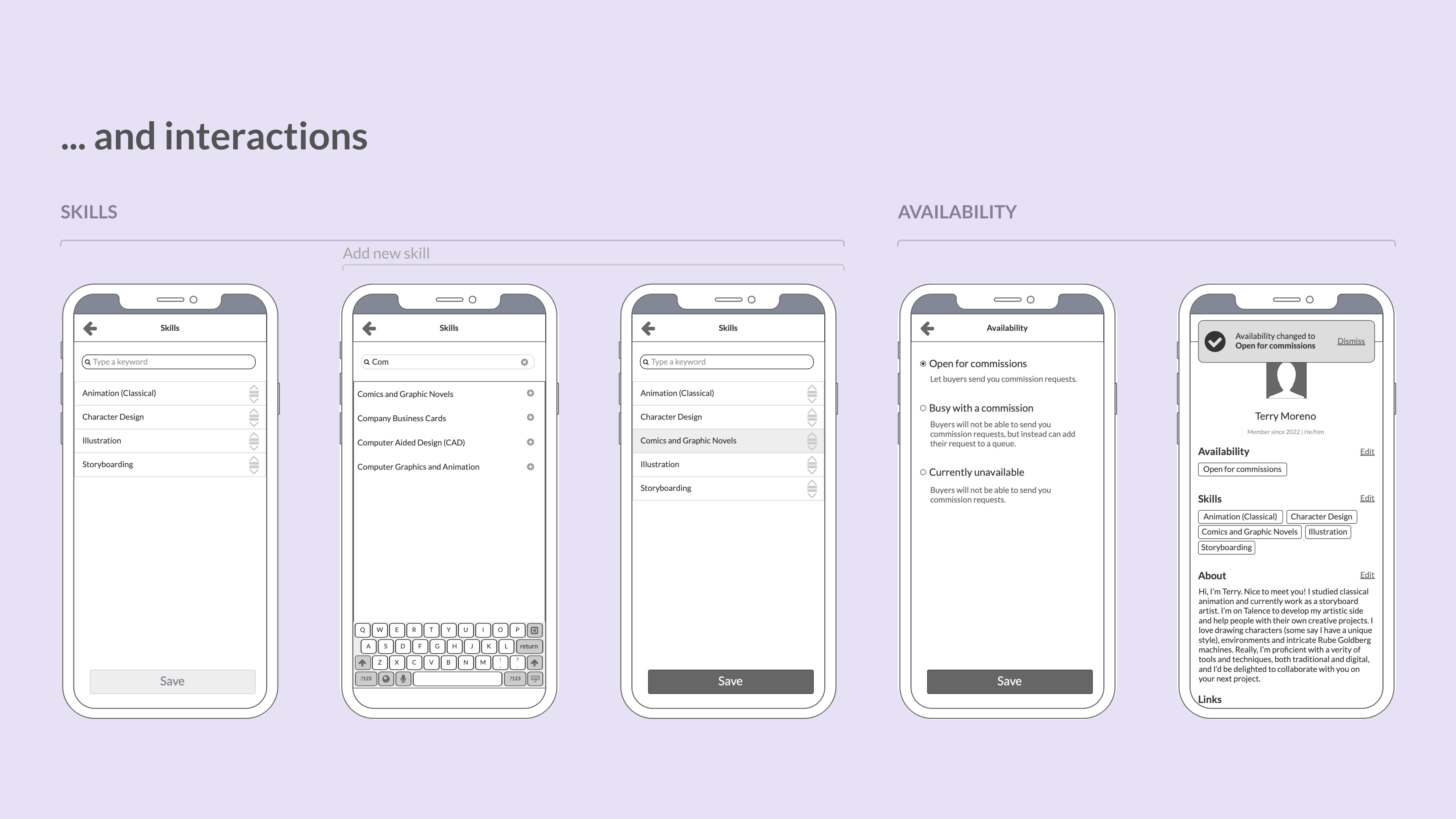 Early wireframes – Skills and Availability UI