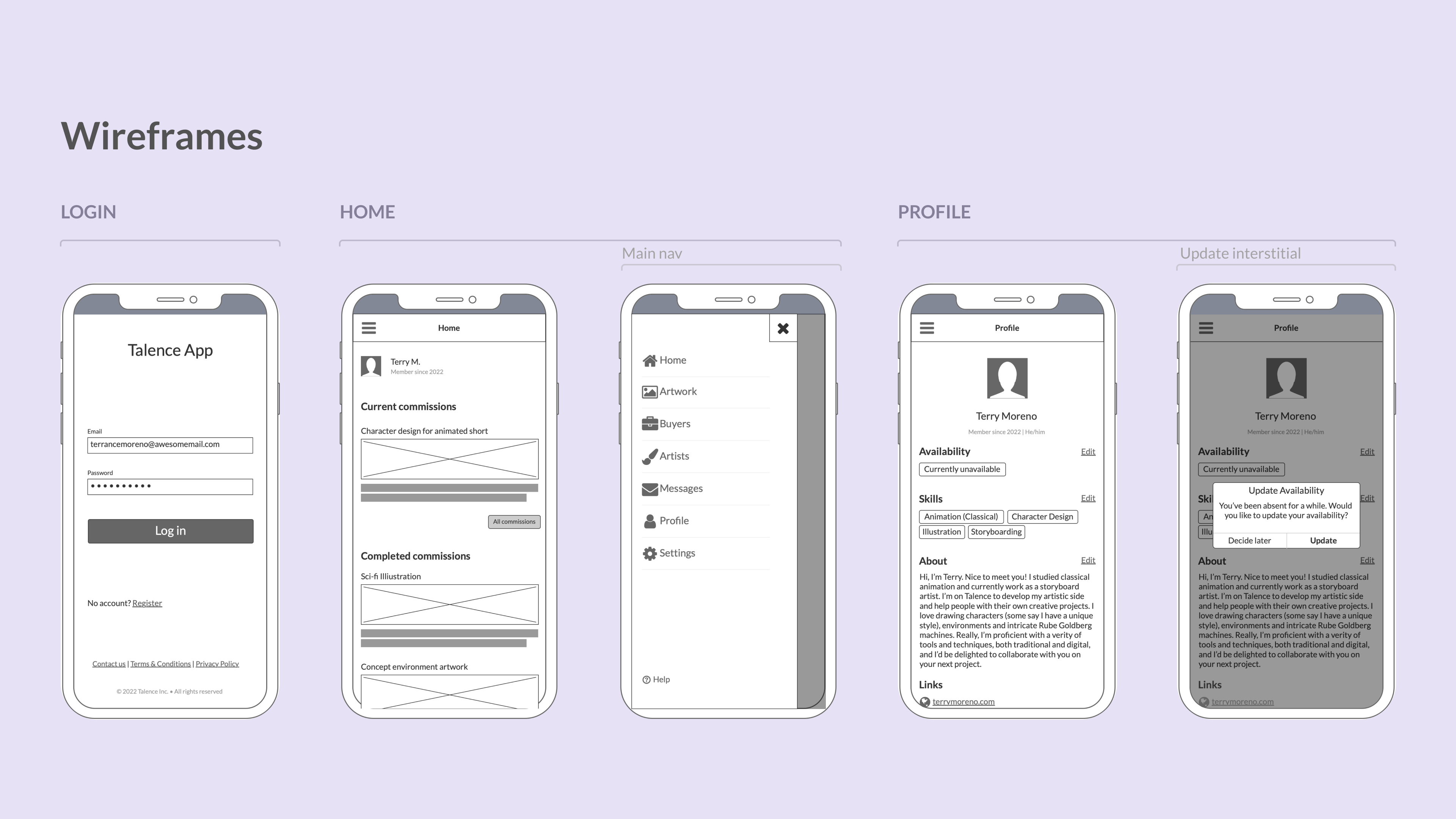 Early wireframes – Login, Home, and Profile UI