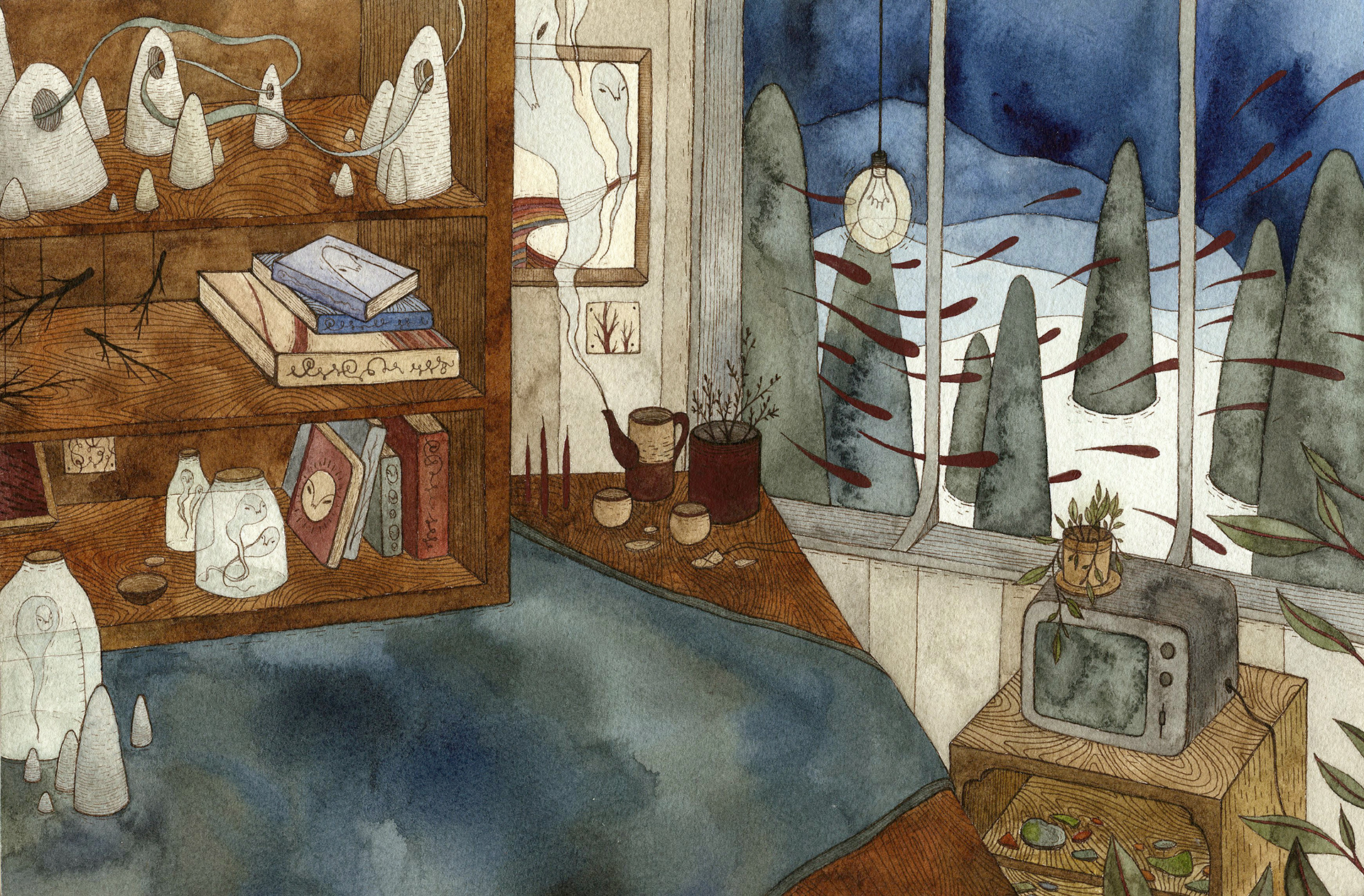 room with books, television static, ritual objects
