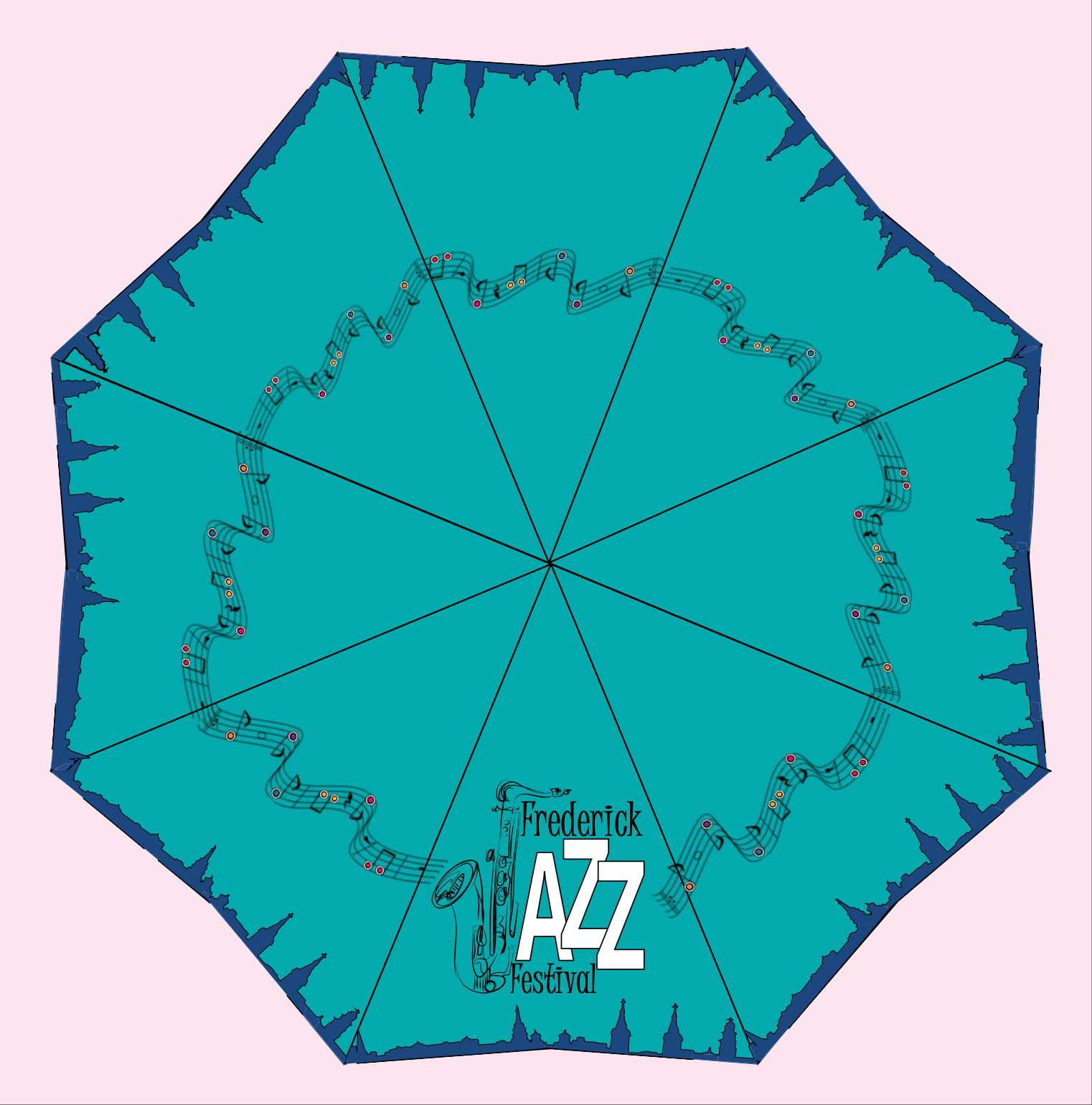 Included somw swag design like this umbrella. Features their logo, music note motiff, and the Downtown Frederick skyline!